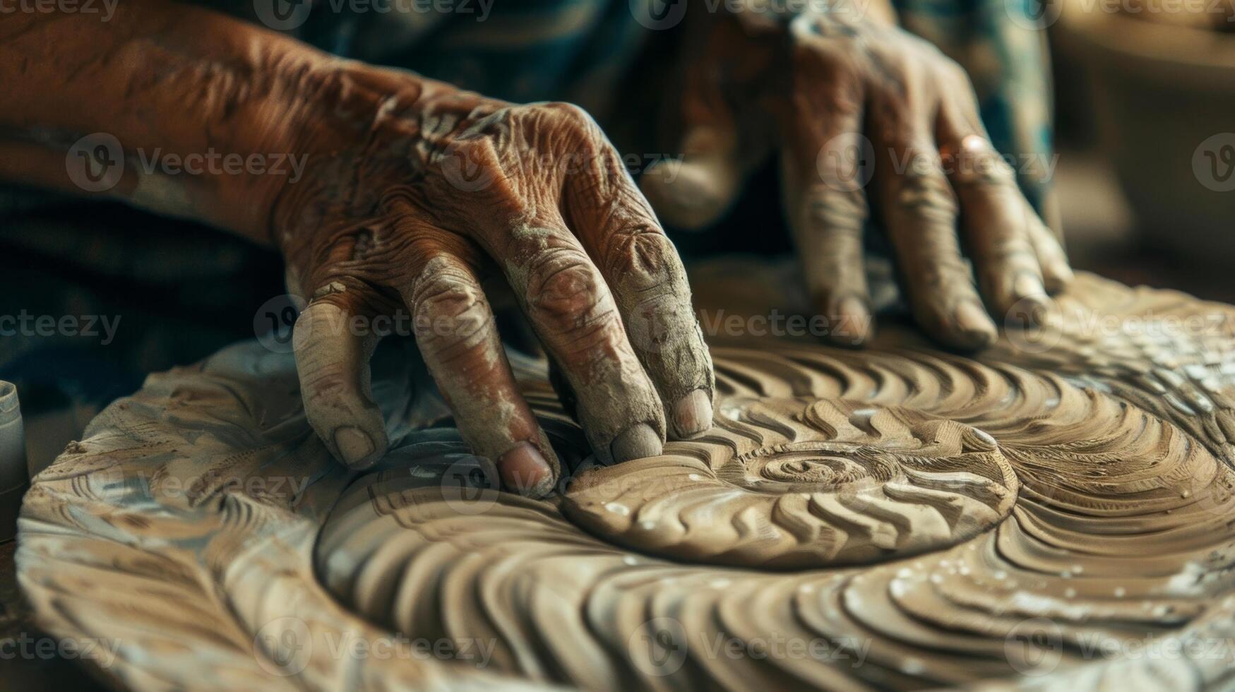 A potters hands carefully etching intricate designs onto a clay surface showcasing the level of focus and concentration required in the mindful art of pottery making photo