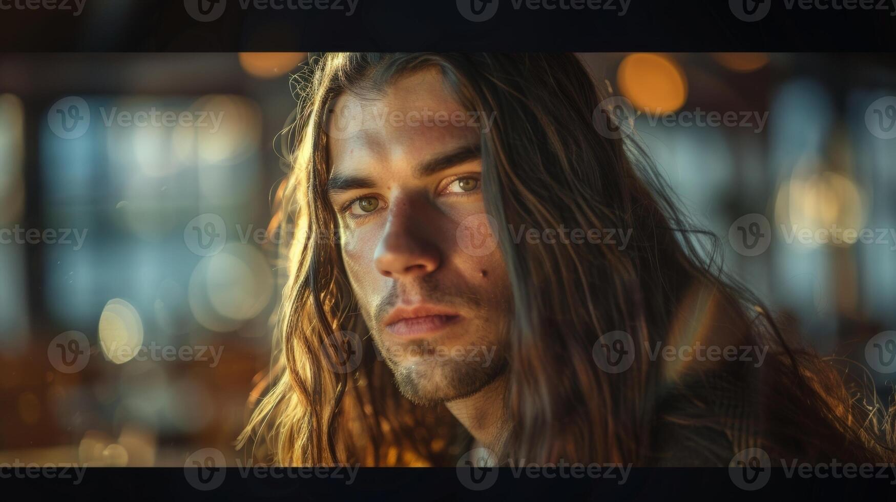 A man with long flowing hair poses gracefully his delicate features illuminated by natural light photo