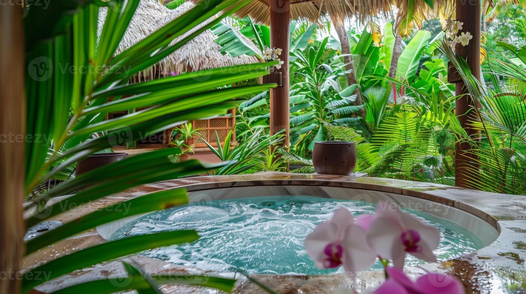 un tropical escapar completar con un jacuzzi tina rodeado por lozano palma frondas y orquídea flores foto