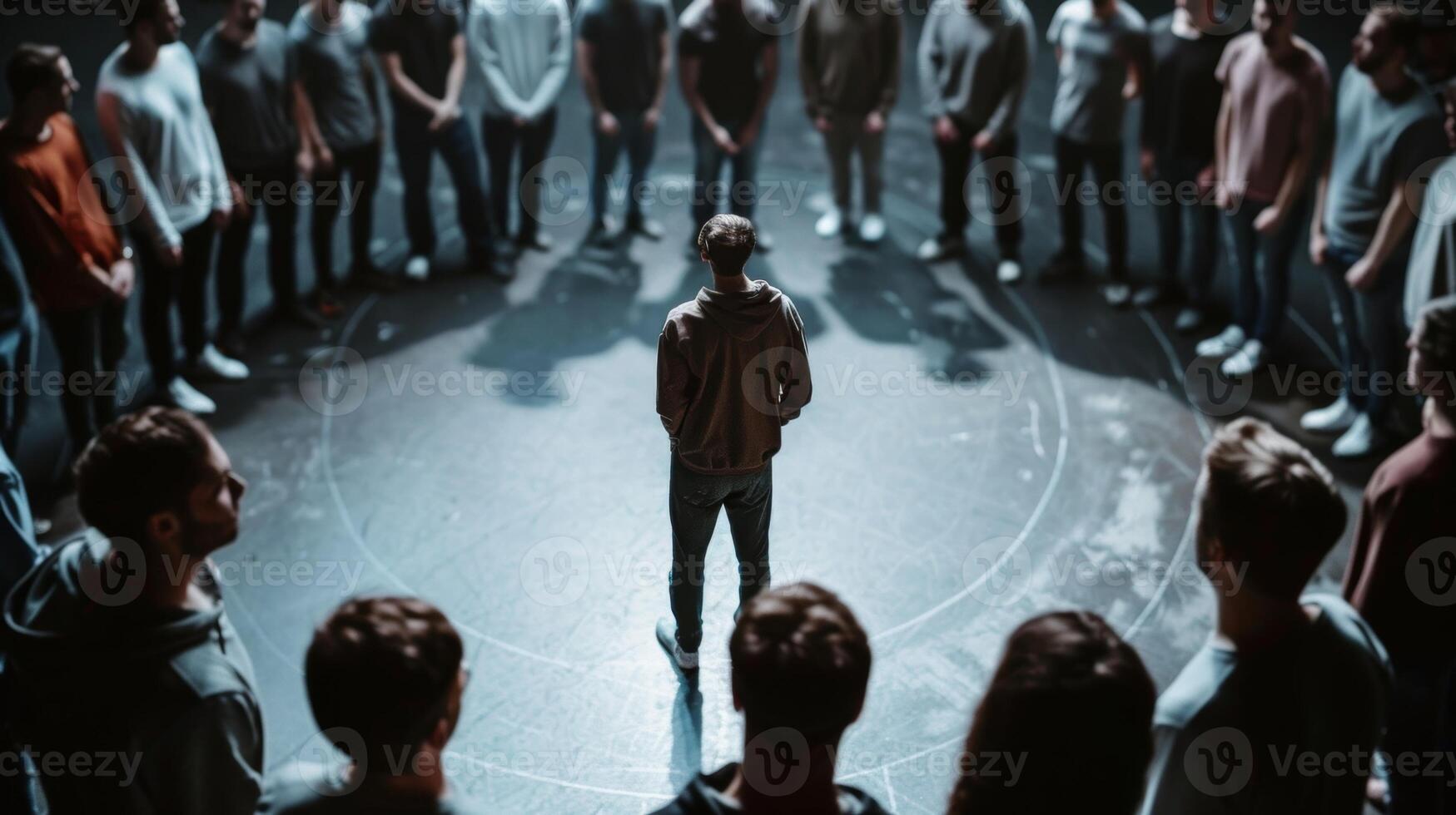 One man standing in the middle of the room surrounded by a circle of other men as they learn a choreographed routine together photo