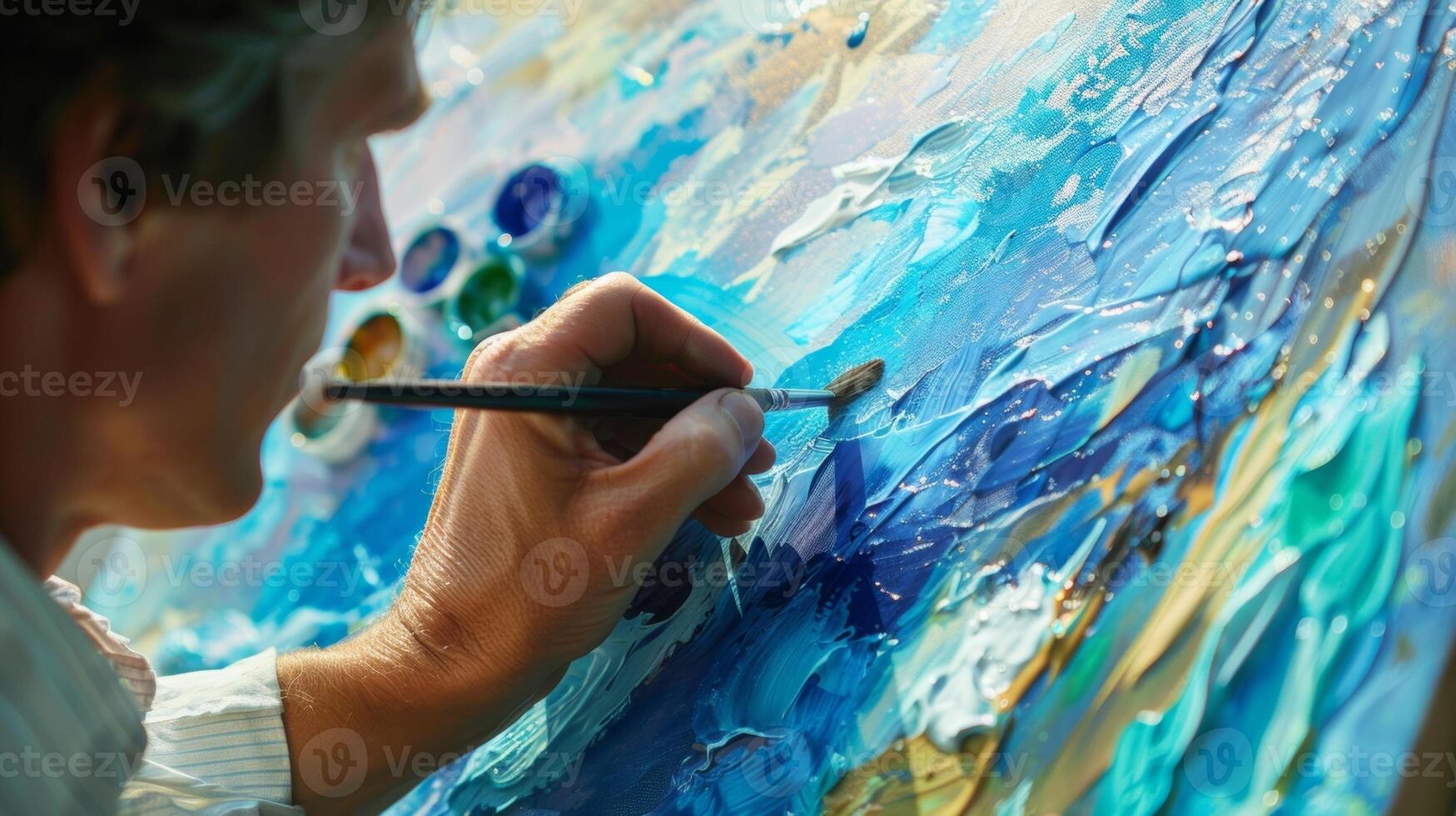 A man carefully mixes multiple shades of blue on his palette a look of concentration on his face photo