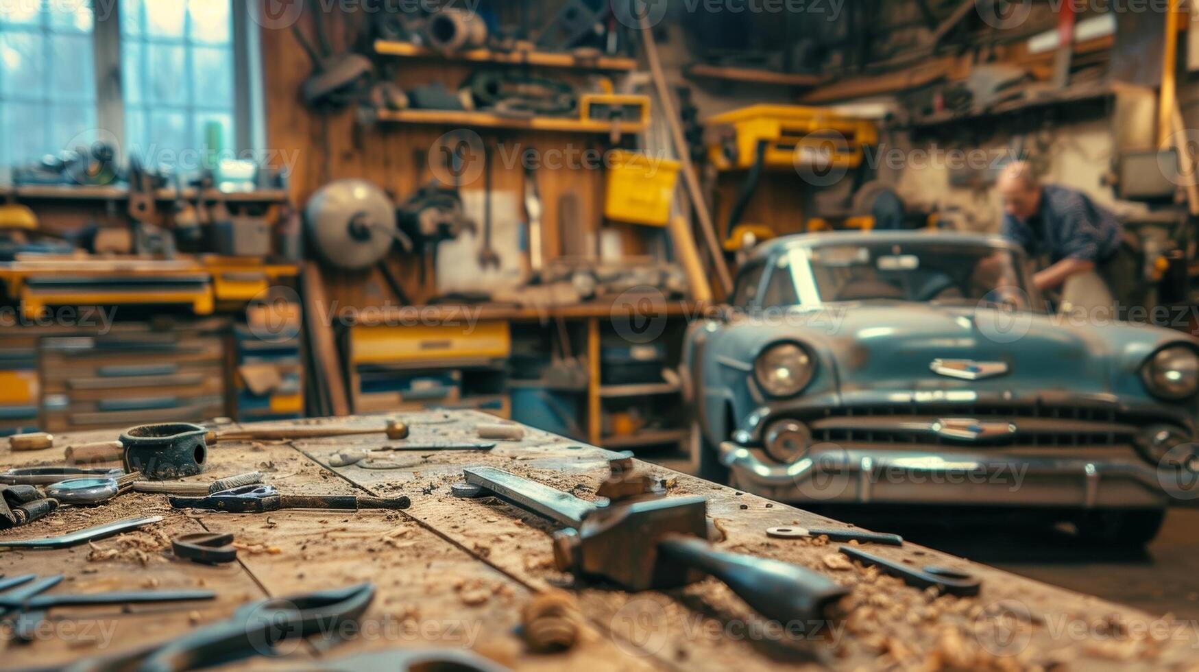 Old car parts and tools are tered on a workbench as the men work tirelessly to make progress on their restoration project photo