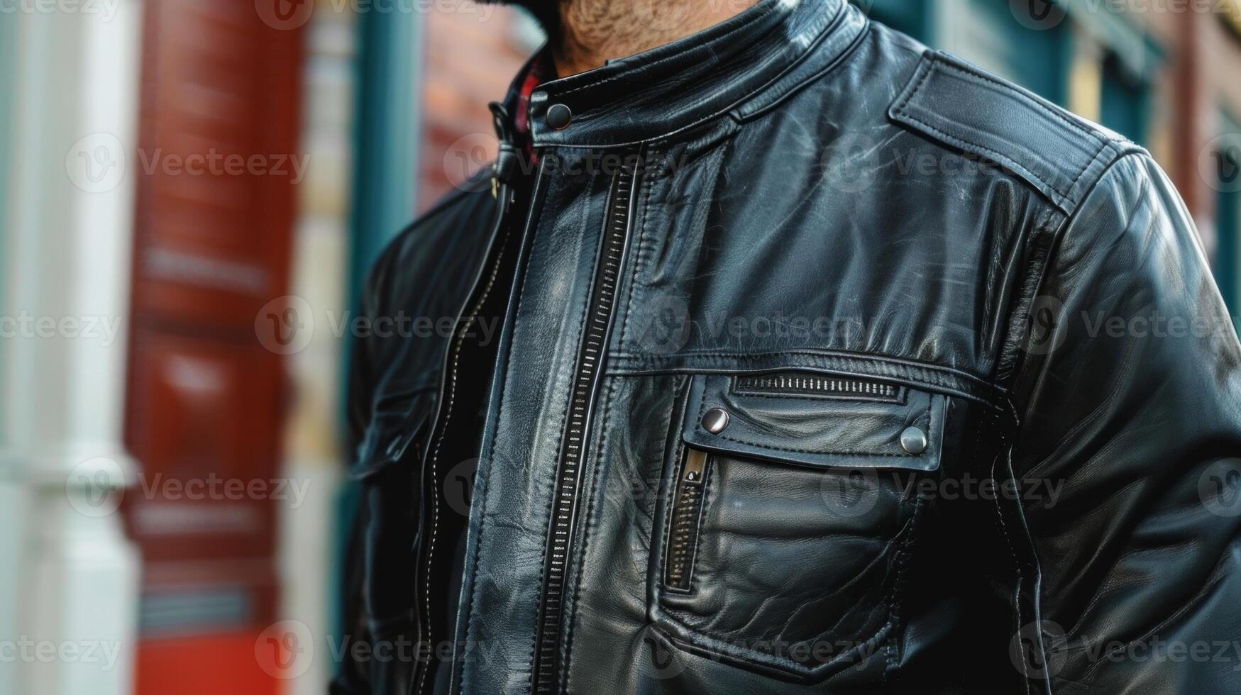 A man sporting a fashionable jacket made from sustainably sourced vegan leather photo