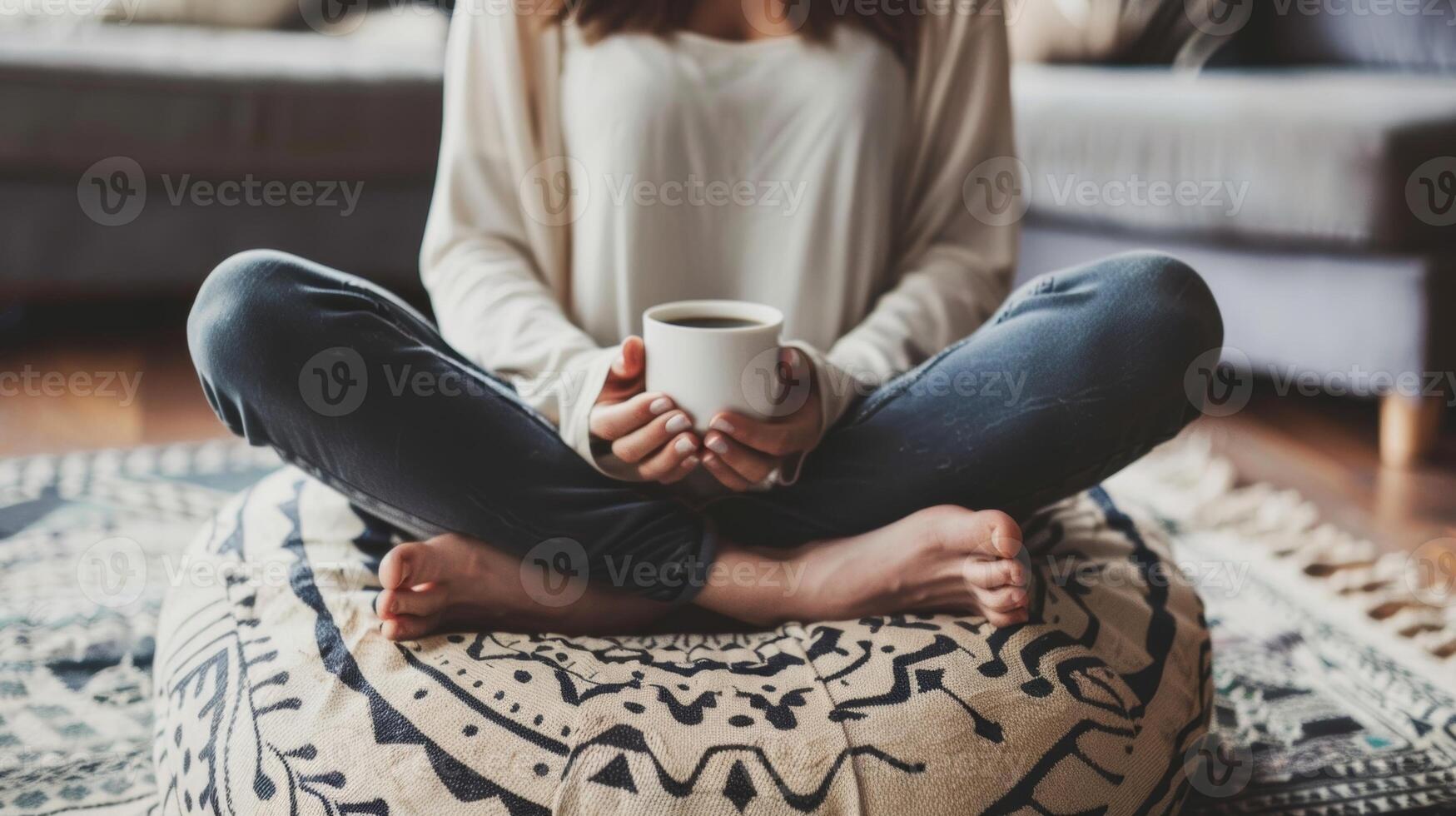 A person sitting crosslegged on a cushion practicing mindfulness with a cup of coffee in hand taking in each sip with intention and gratitude photo