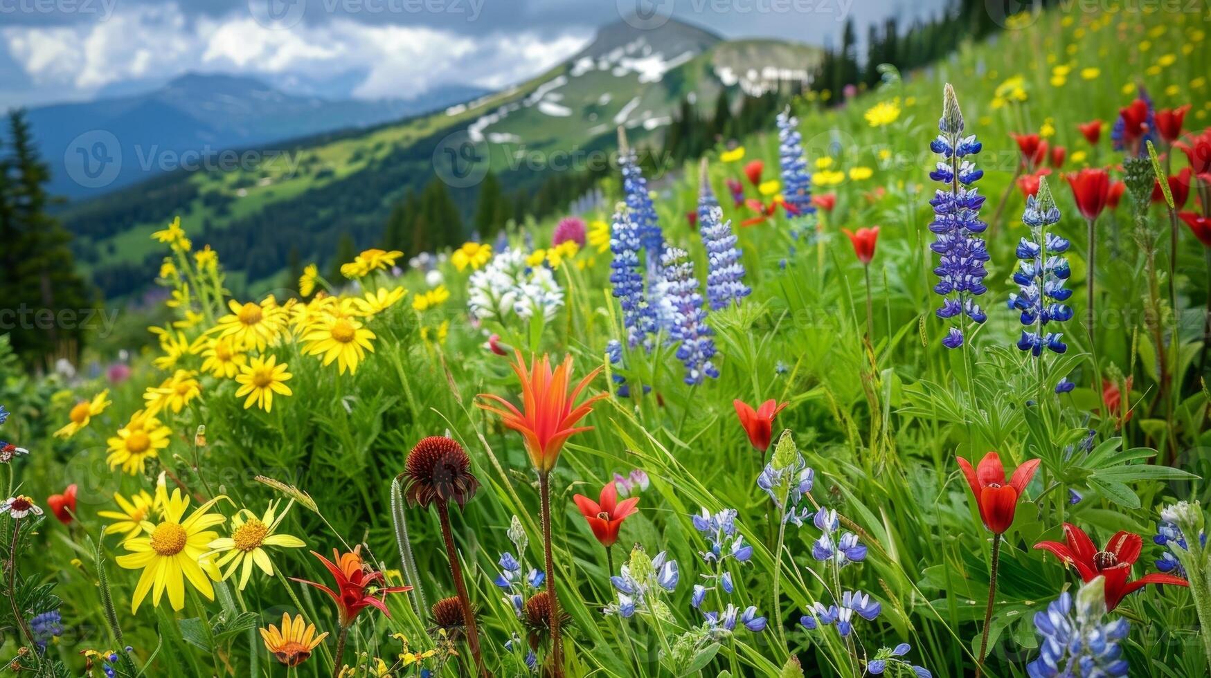 A lush vibrant meadow is filled with wildflowers of every color inviting a person to take a leisurely stroll and breathe in the fresh fragrant air photo