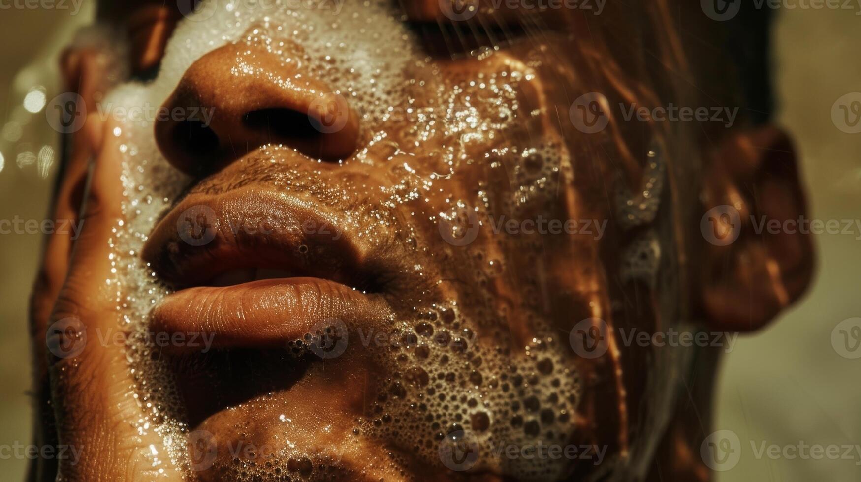 He rinses off the cleanser and pats his face dry with a soft towel photo