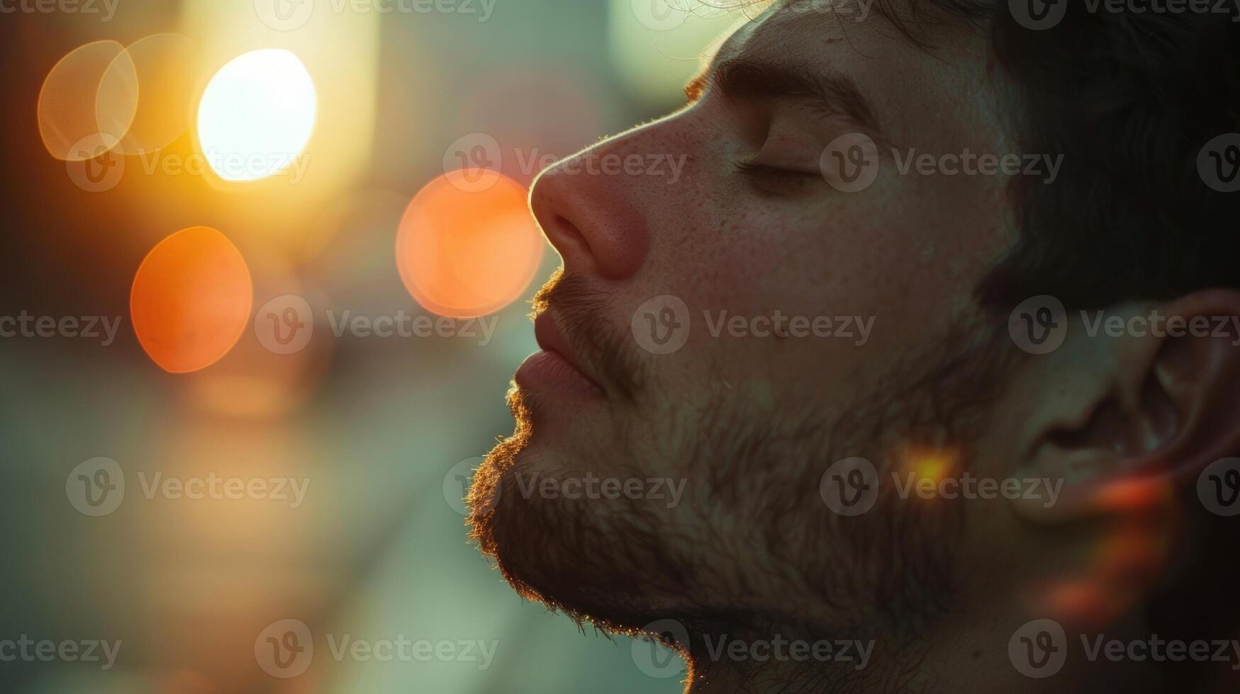The mans eyes are closed as he leans back and lets the tension of the day melt away photo