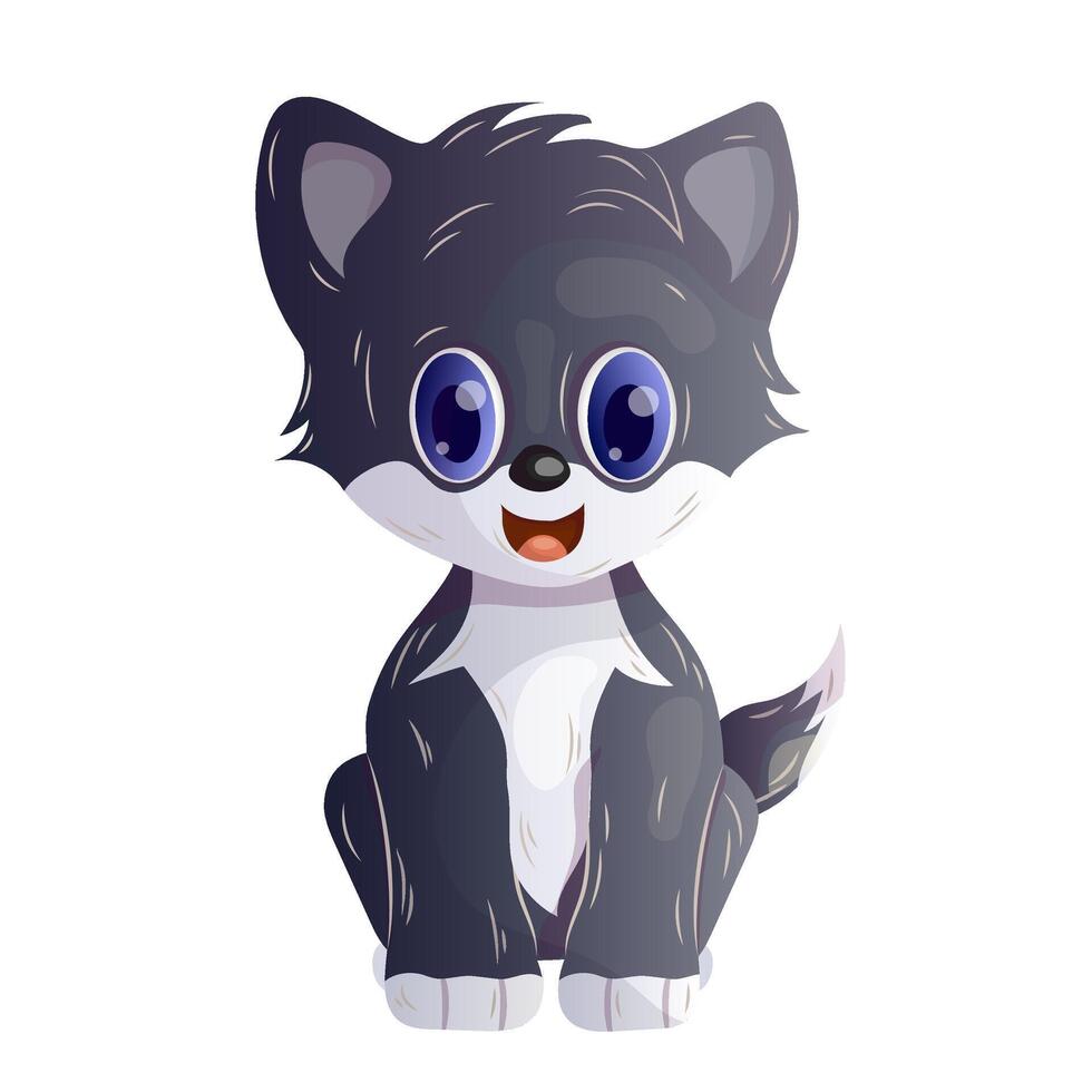 Cute cartoon gray kitten sitting upright. Isolated object on a white background. vector