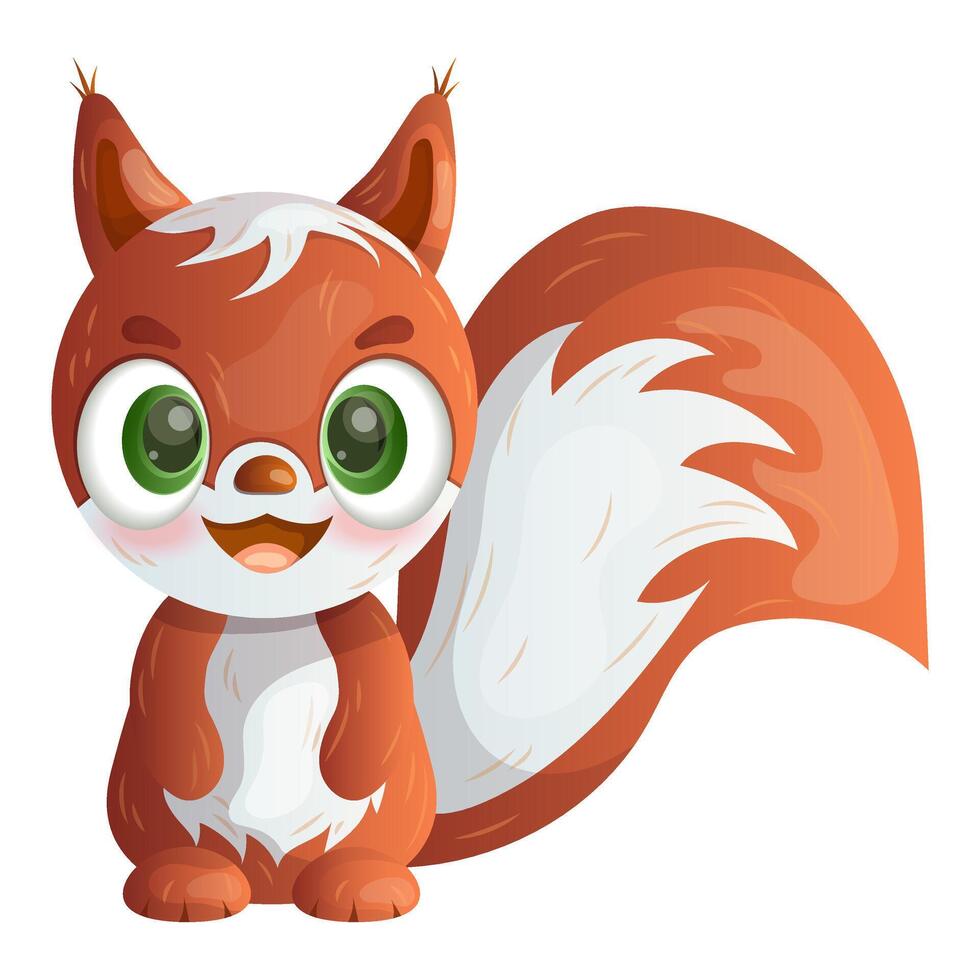 Cute cartoon little squirrel with big green eyes on a white background. Sticker, postcard. vector