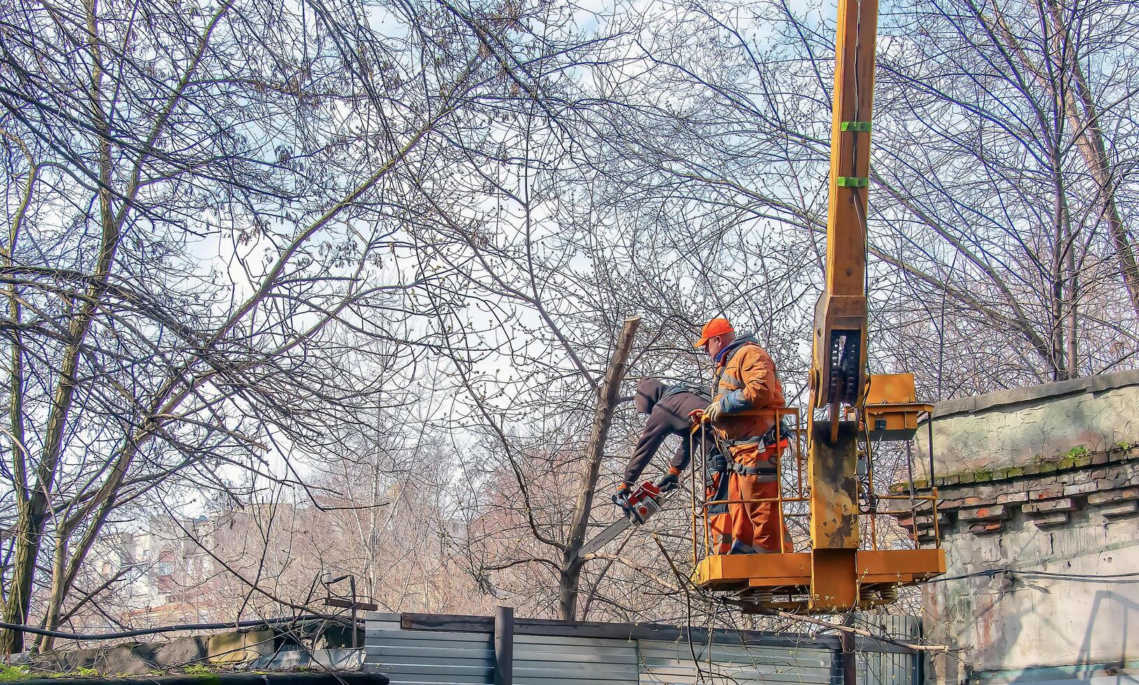 Dnepr, Ukraine - 03.20.2024 Municipal service workers stand with a chainsaw in a crane basket and trim dangerous trees photo