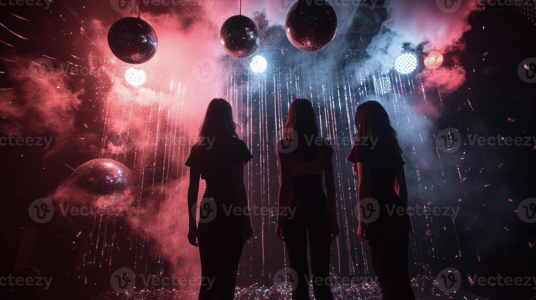 Background The models stand in front of a black curtain with smoke and disco balls in the background adding a and mysterious touch to the overall aesthetic photo