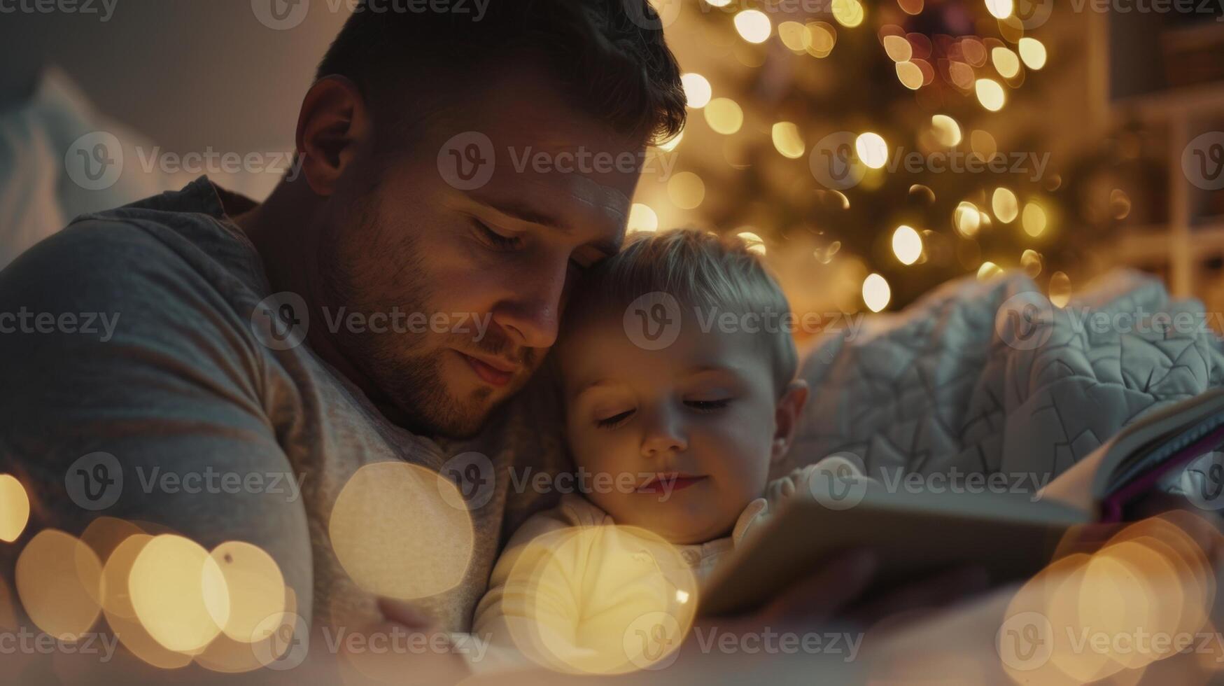 A father reads a bedtime story to his child using soft and soothing tones to lull them to sleep photo