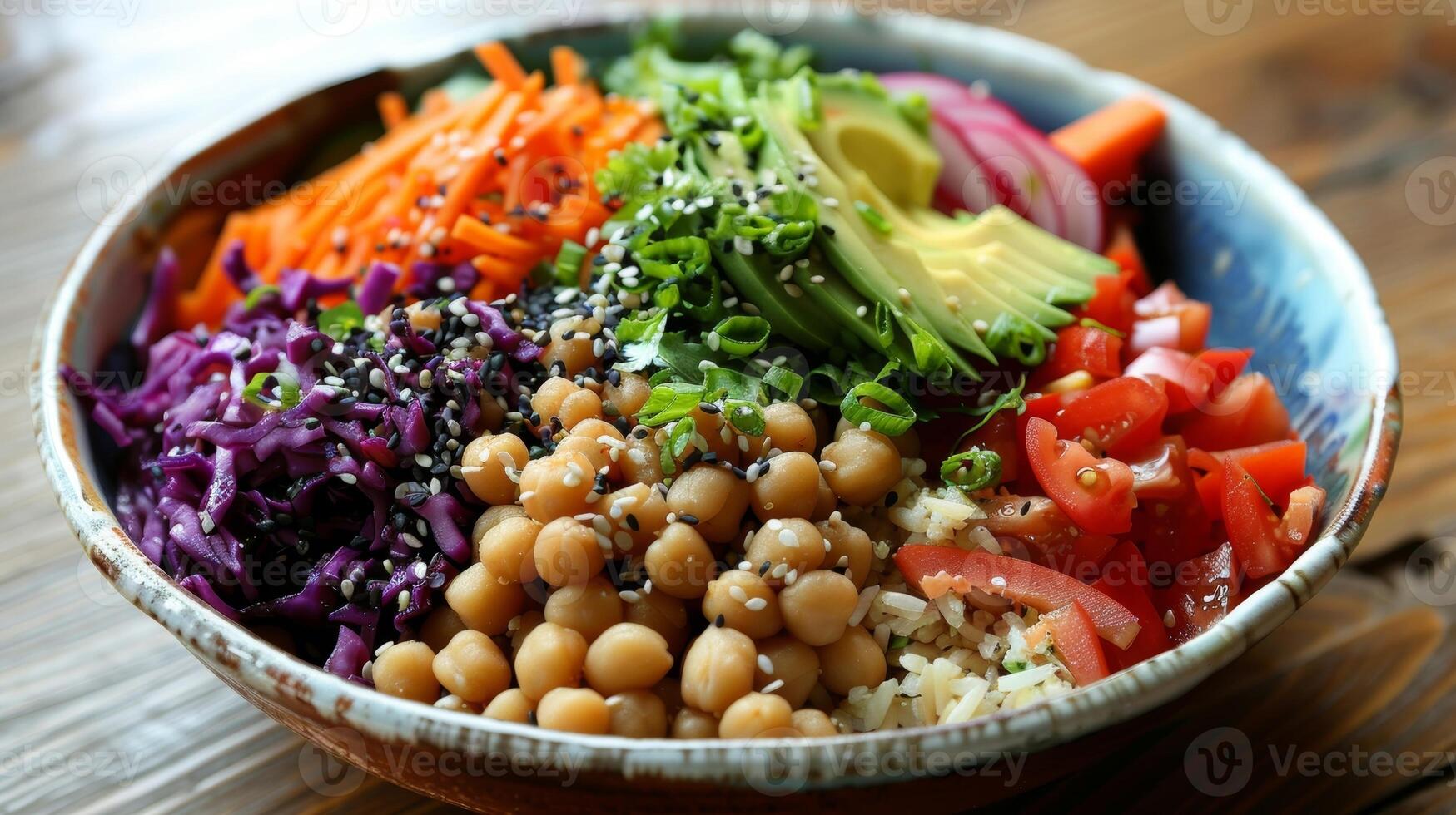 A bowl of colorful and nutrientdense ingredients is carefully prepared and arranged for a mindful Buddha bowl meal photo