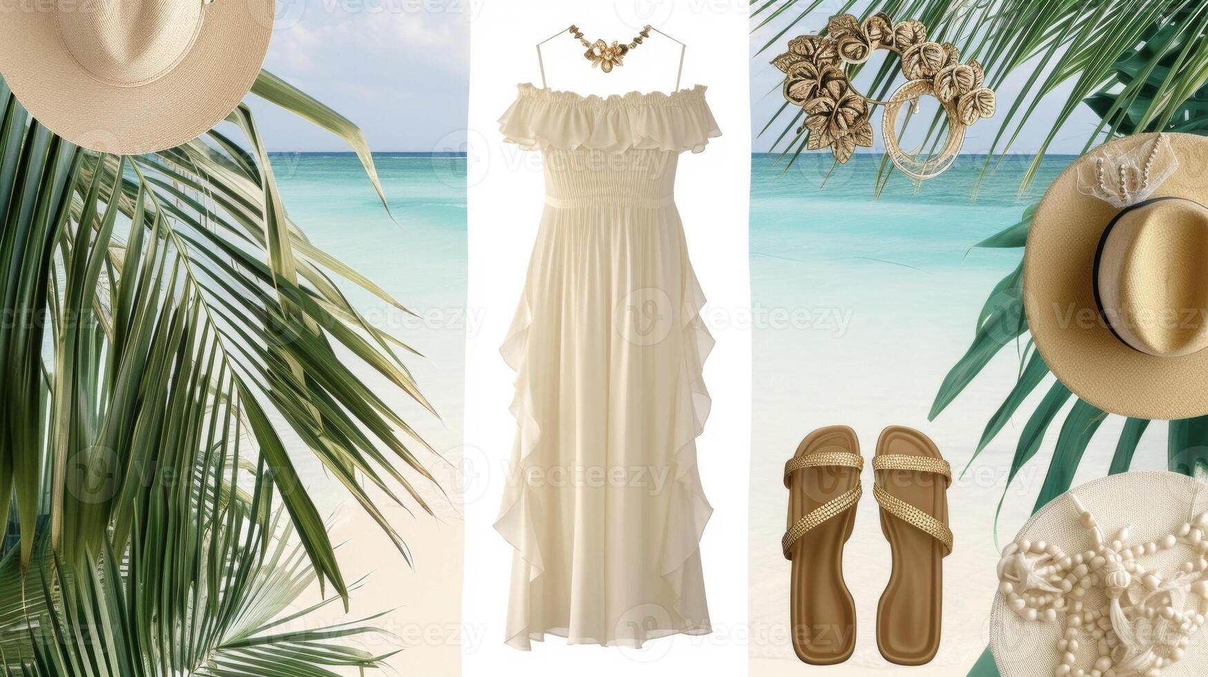 An elegant look with a flowing offshoulder maxi dress accessorized with delicate gold jewelry and a pair of wedges. This outfit is perfect for a beach party with a sophisticate photo