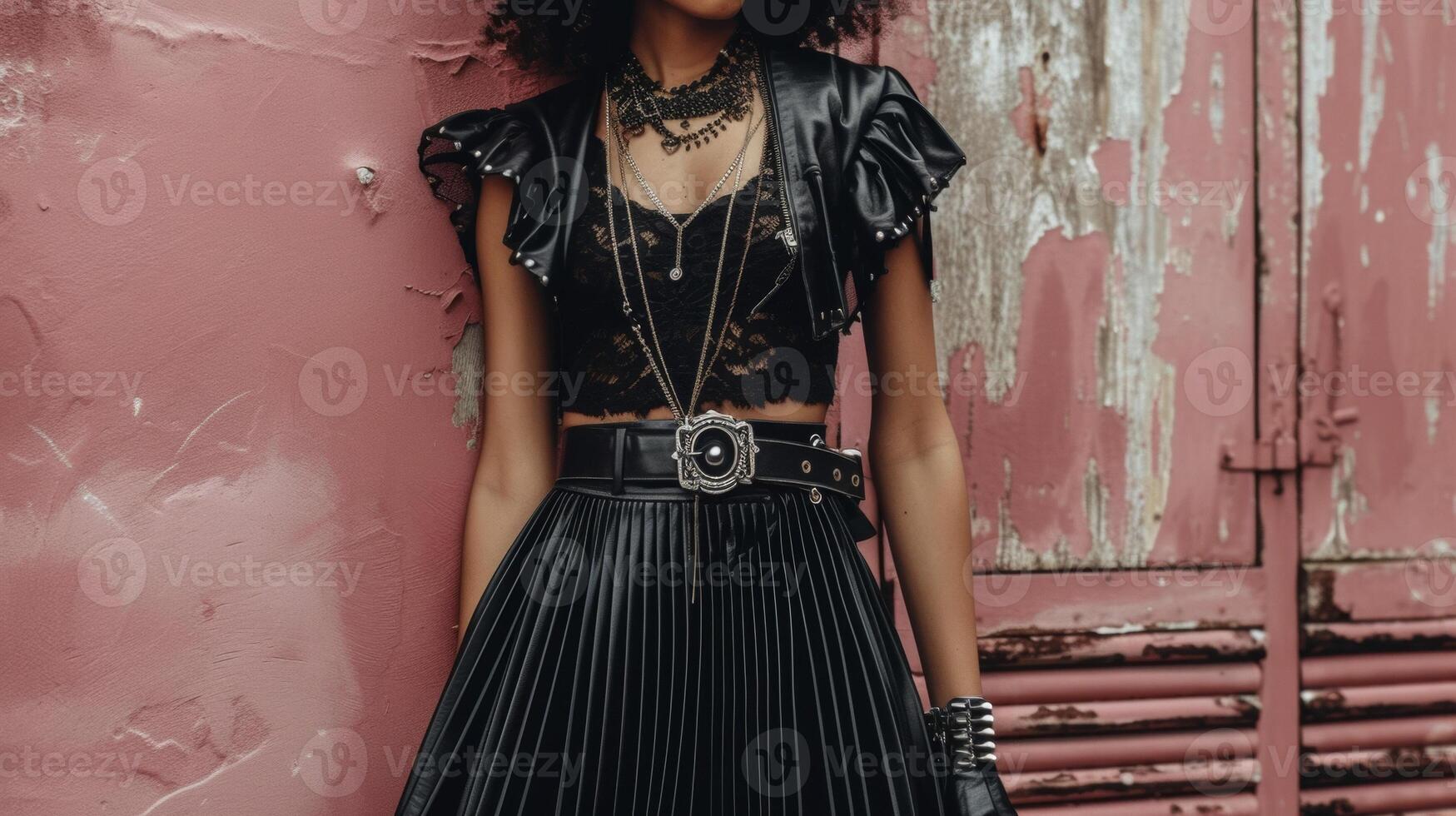 A black leather pleated skirt paired with a lace top and ankle boots accessorized with a statement belt and layered necklaces. This edgy and sustainable look is perfect fo photo