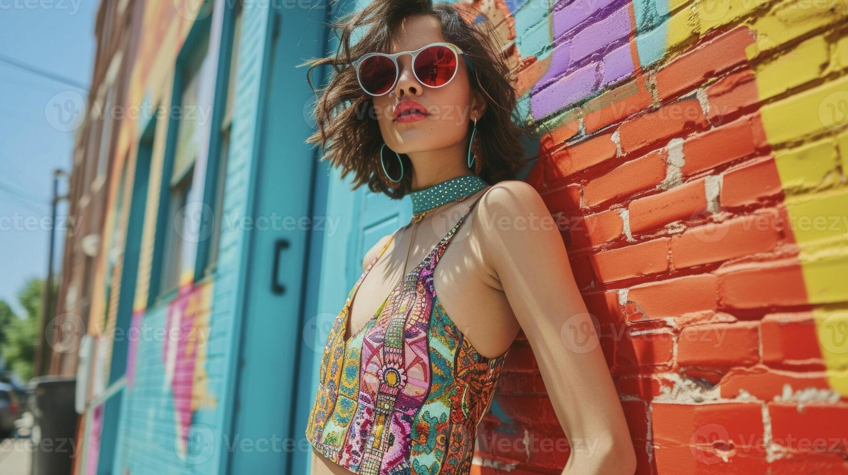 Festival Ready A patchwork romper in vibrant colors and playful patterns paired with platform sandals and statement sungles. Ready to dance the day away at a summer musi photo