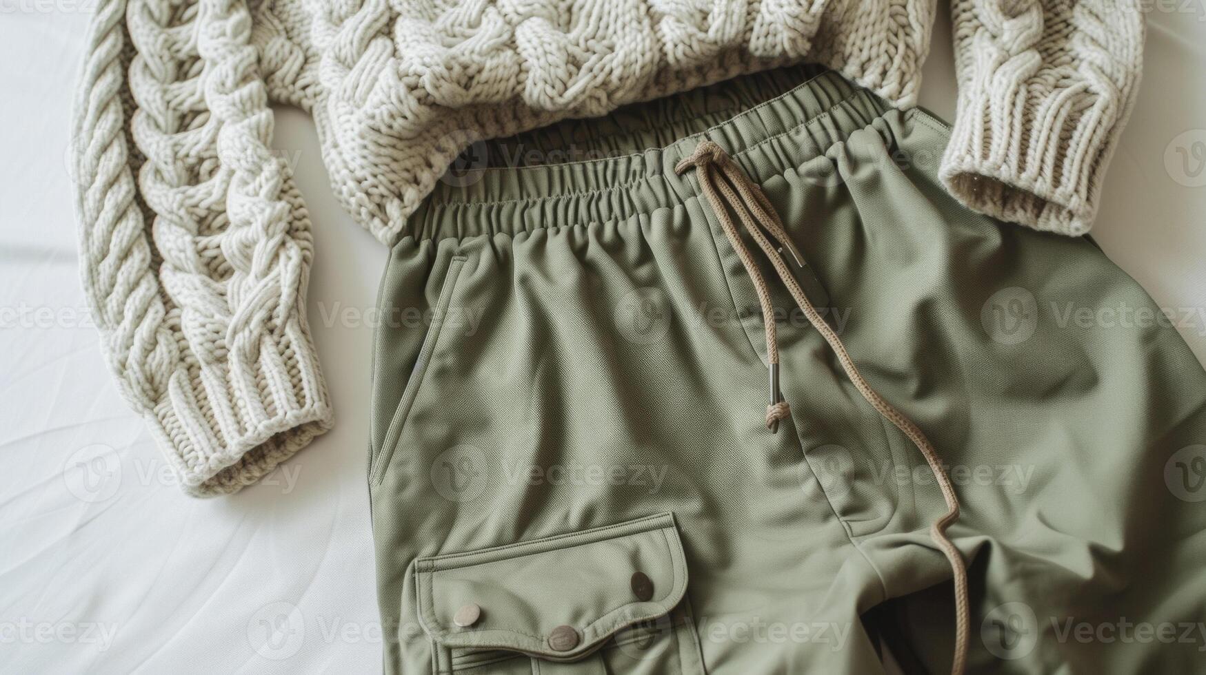 Stay comfortable and chic in this utility wear outfit featuring a pair of jogger pants in a muted green color and a soft knit sweater. The pants have an adjustable waist an photo
