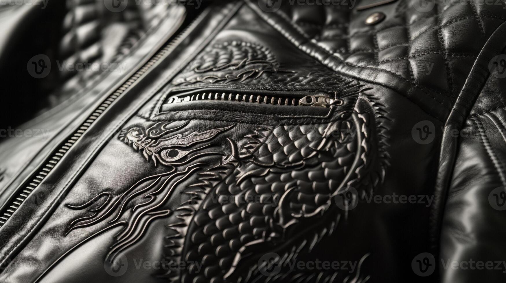 A sleek and modern leather jacket featuring intricate dragon scale embossing representing the powerful fusion of Eastern and Western cultures photo