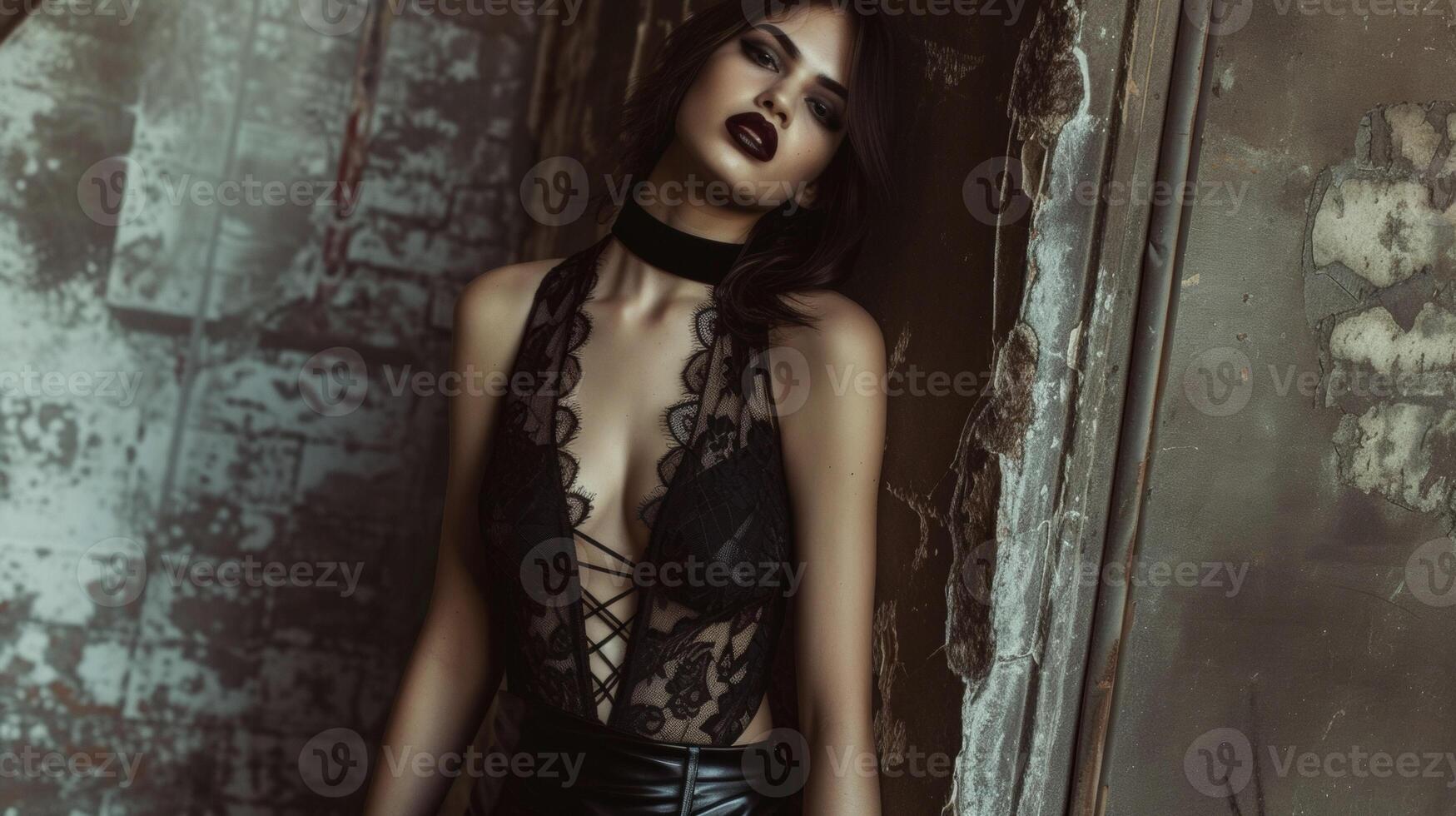 A black lace bodysuit with laceup details paired with a leather skirt and velvet choker conjures up a sense of dark romance in a smoky underground jazz club photo