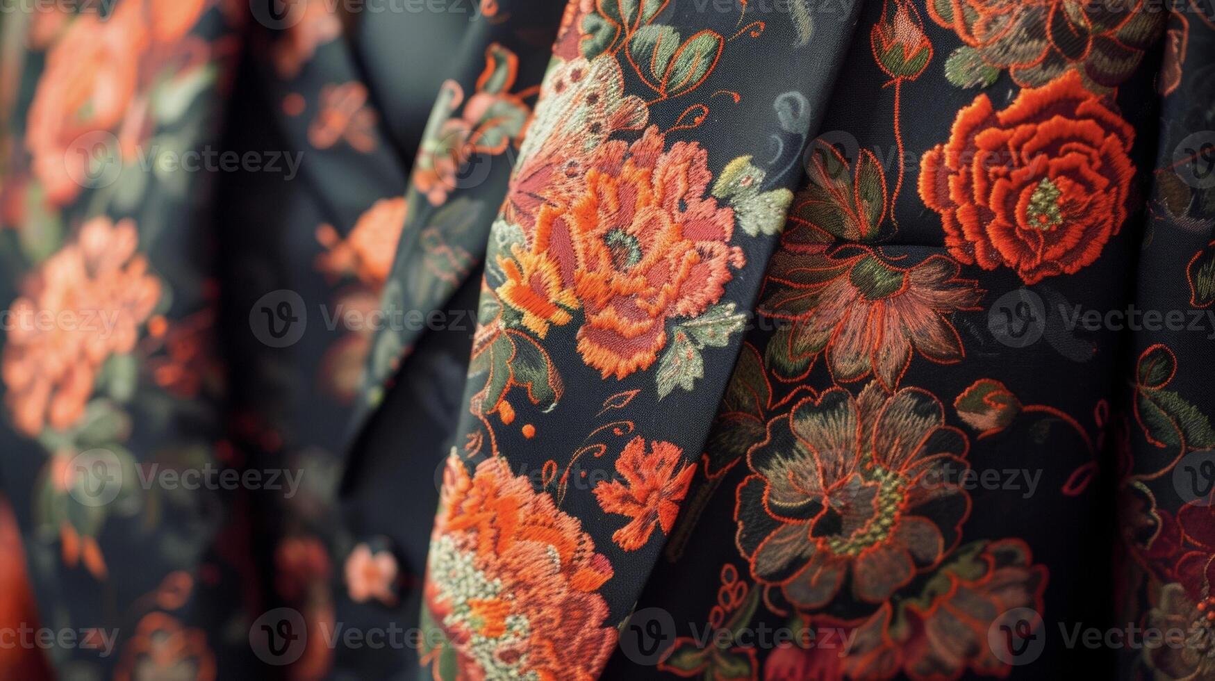 un estructurado y a la medida chaqueta de sport presentando un negrita y vibrante floral impresión en sombras de rojo y naranja. Perfecto para un primavera evento conjunto en contra un pintoresco campo foto