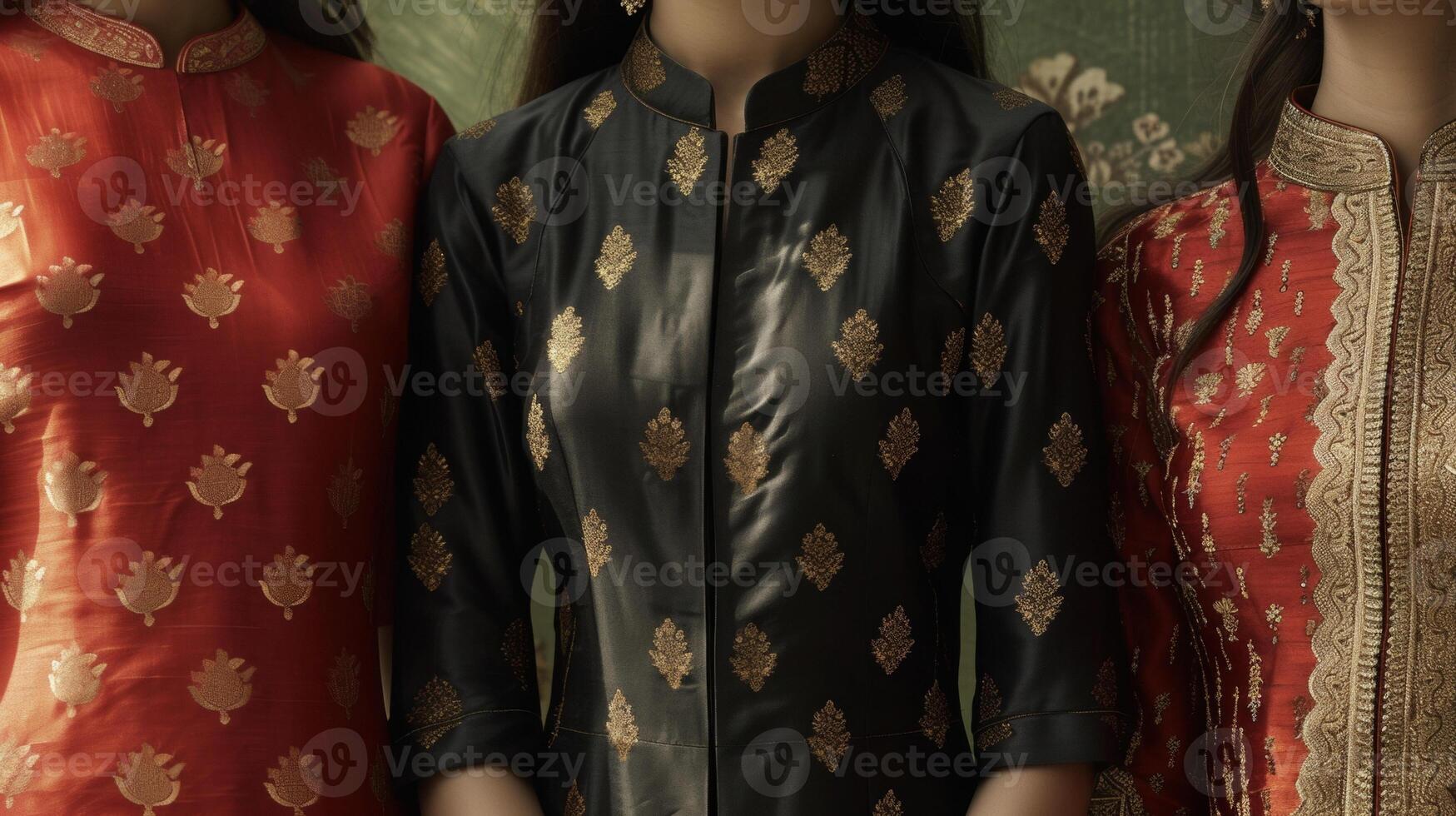 A chic midi dress featuring a blend of rich Indian silk fabrics with modern structured tailoring. Wear this to a fancy dinner party with an Eastern flavor photo