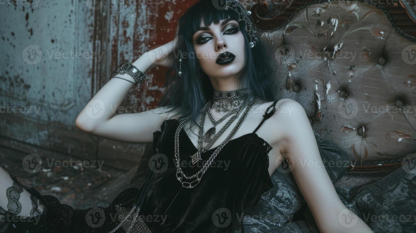 A goth goddess lounges in a black velvet dress embellished with silver chains and a statement choker commanding attention with her strikingly pale makeup photo
