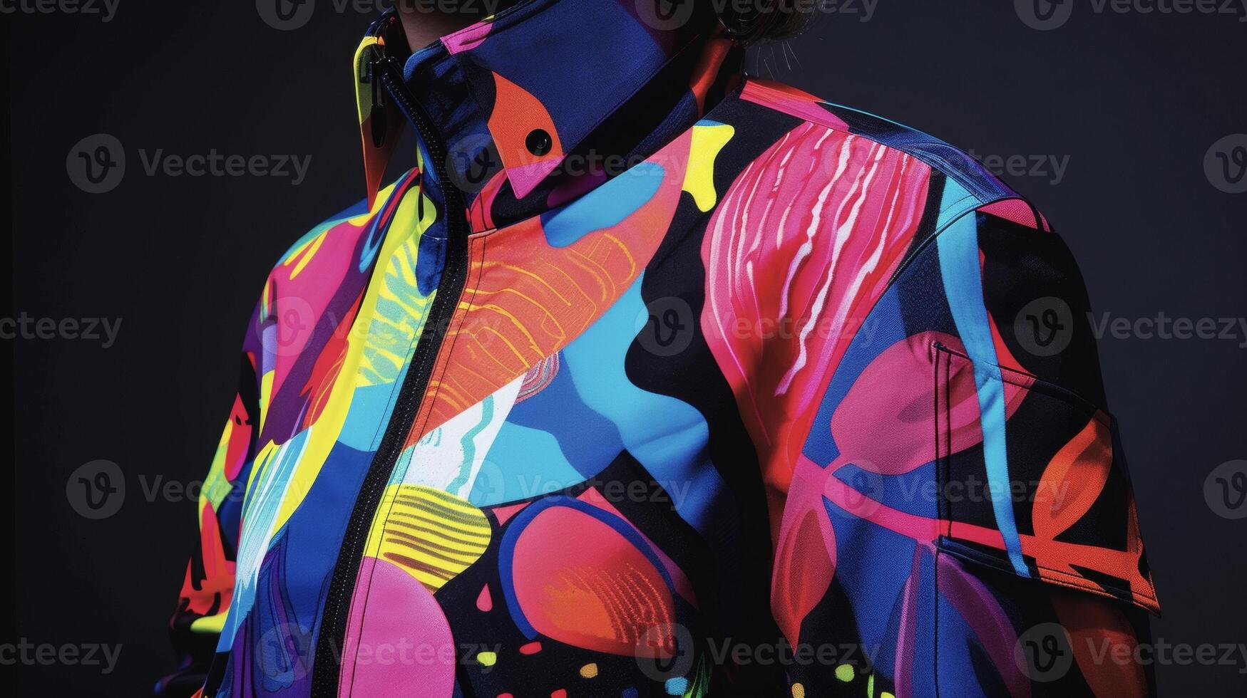 A showstopping jacket made from 3D printed panels featuring vibrant abstract designs and bold pops of color photo