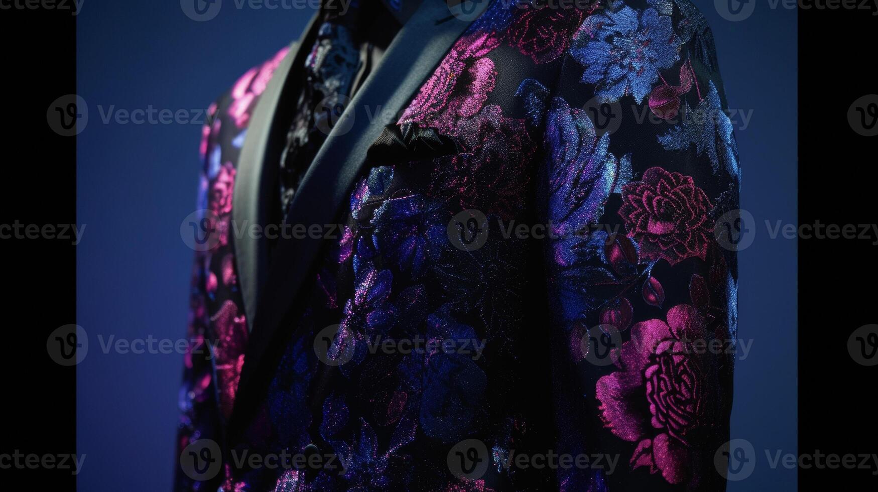 A tailored blazer featuring a bold floral print in deep purples and blues against a black background. Perfect for a sophisticated evening event set against the bright light photo