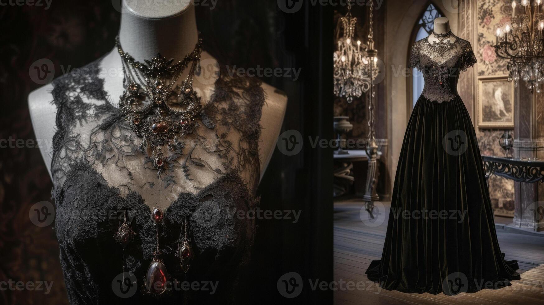 A gl and dark NeoGothic ensemble featuring a lace bodysuit velvet maxi skirt and jewelencrusted statement necklace. Ideal for a red carpet event at a Gothicinspired museum photo
