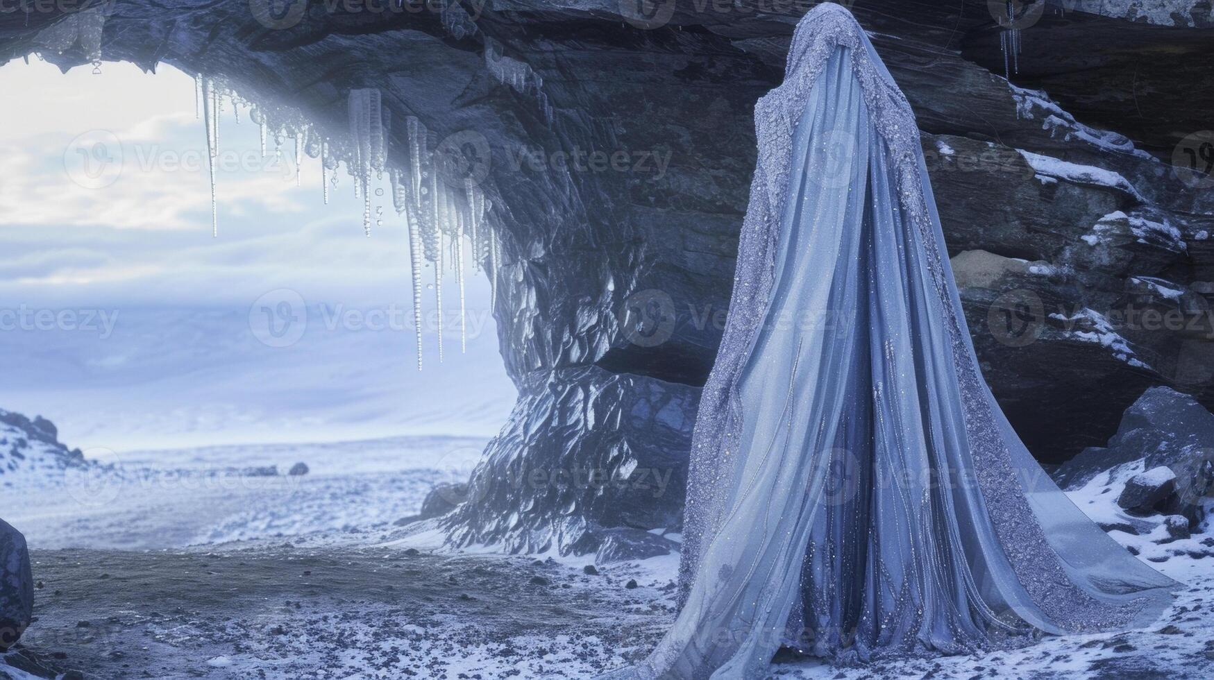 A dramatic and mystical ensemble featuring a hooded floorlength coat in shades of pale blue and soft lavender paired with a glittering silver dress and crystalembellishe photo