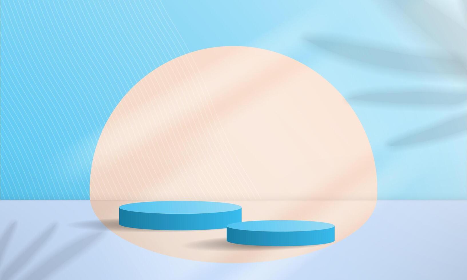 dos azul podios en un agua pastel interior estudio antecedentes con palma hoja oscuridad y de colores circular marco. producto monitor modelo en pastel azul con 2 estrado. vector