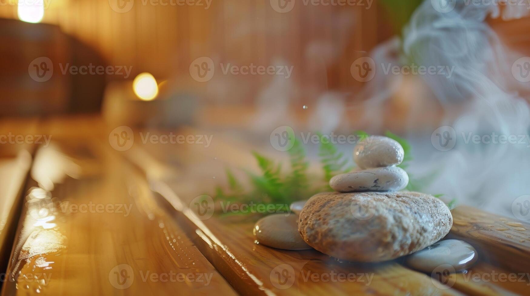 A closeup of aromatic steam rising from the sauna rocks creating a soothing and calming atmosphere. photo