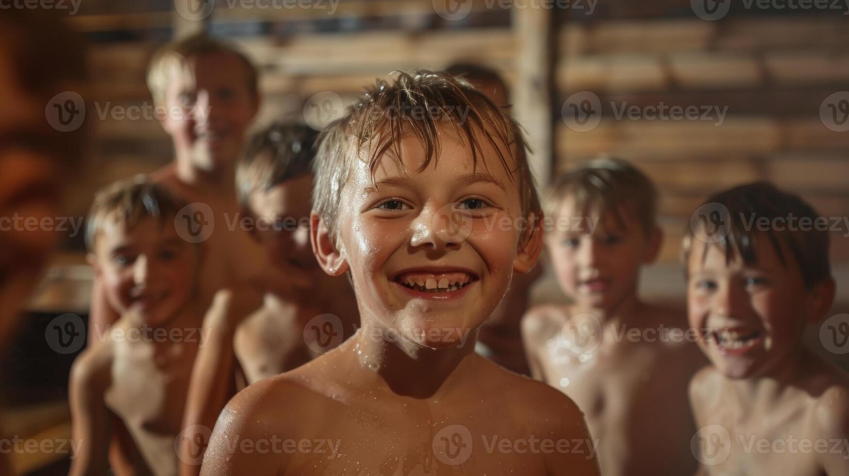 A group of children excitedly preparing for a sauna session as part of their traditional holiday festivities. photo