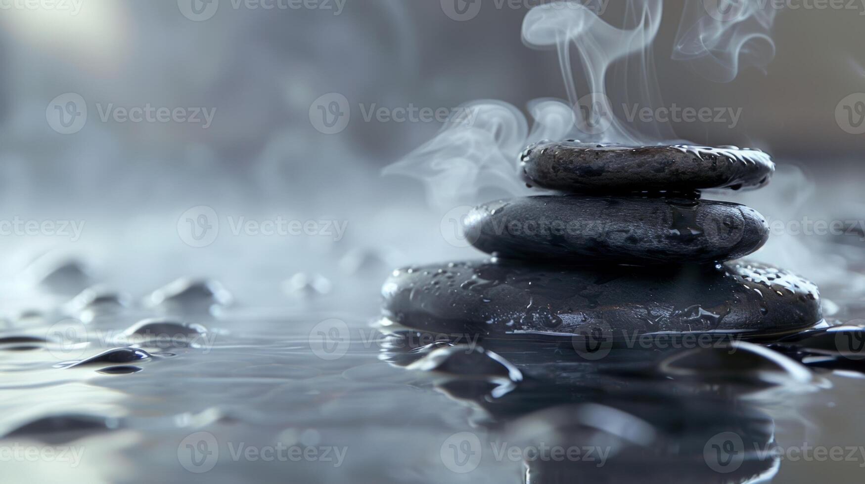 Gentle steam rises from the heated stones creating a peaceful and calming atmosphere. photo