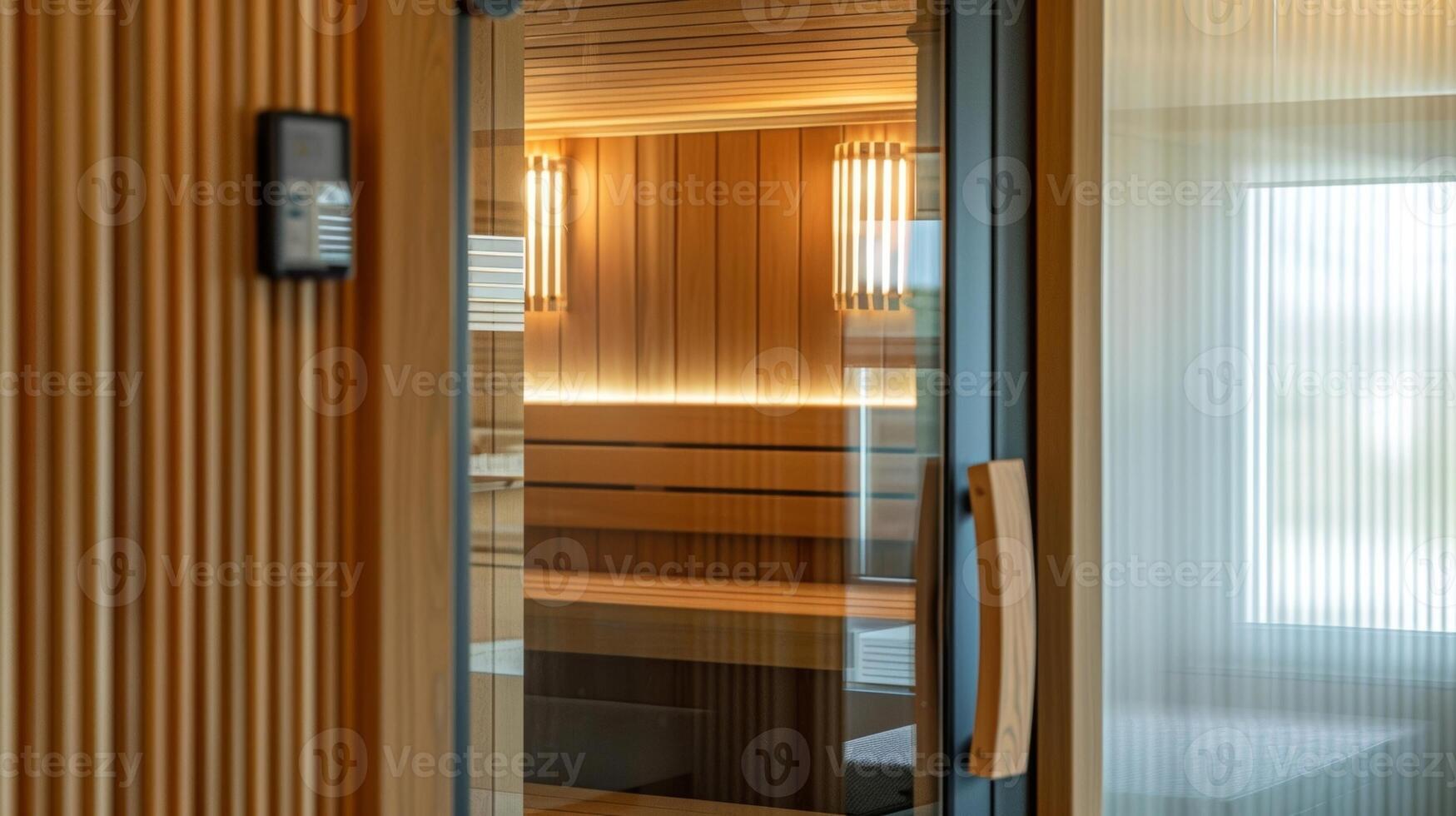 un de cerca Disparo de un vaso puerta líder dentro un sauna habitación con el palabras corporativo bienestar sauna programa impreso en elegante fuente. foto
