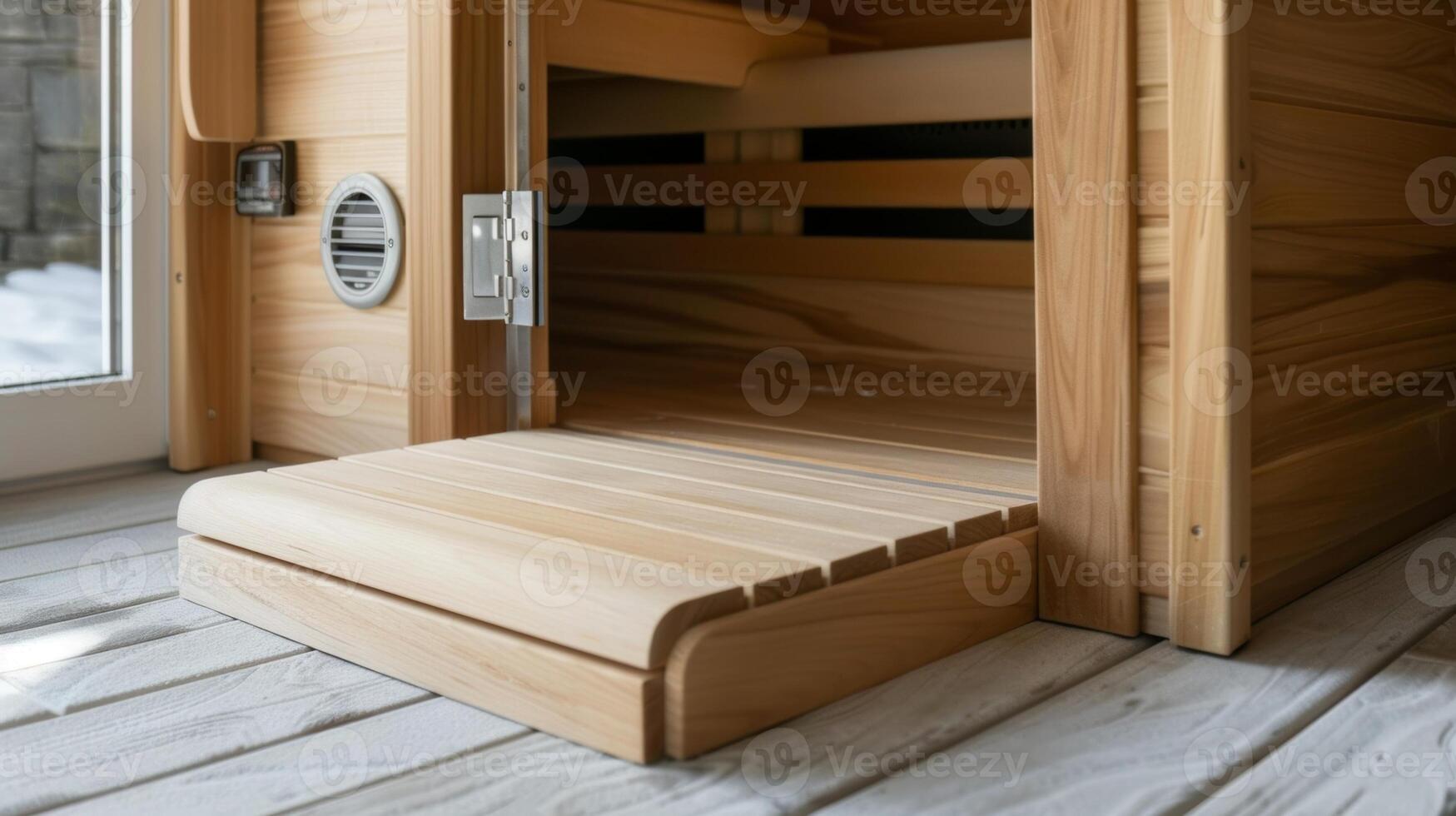 A modern indoor sauna designed with a small door and ramp for pets to easily enter and enjoy the warmth. photo