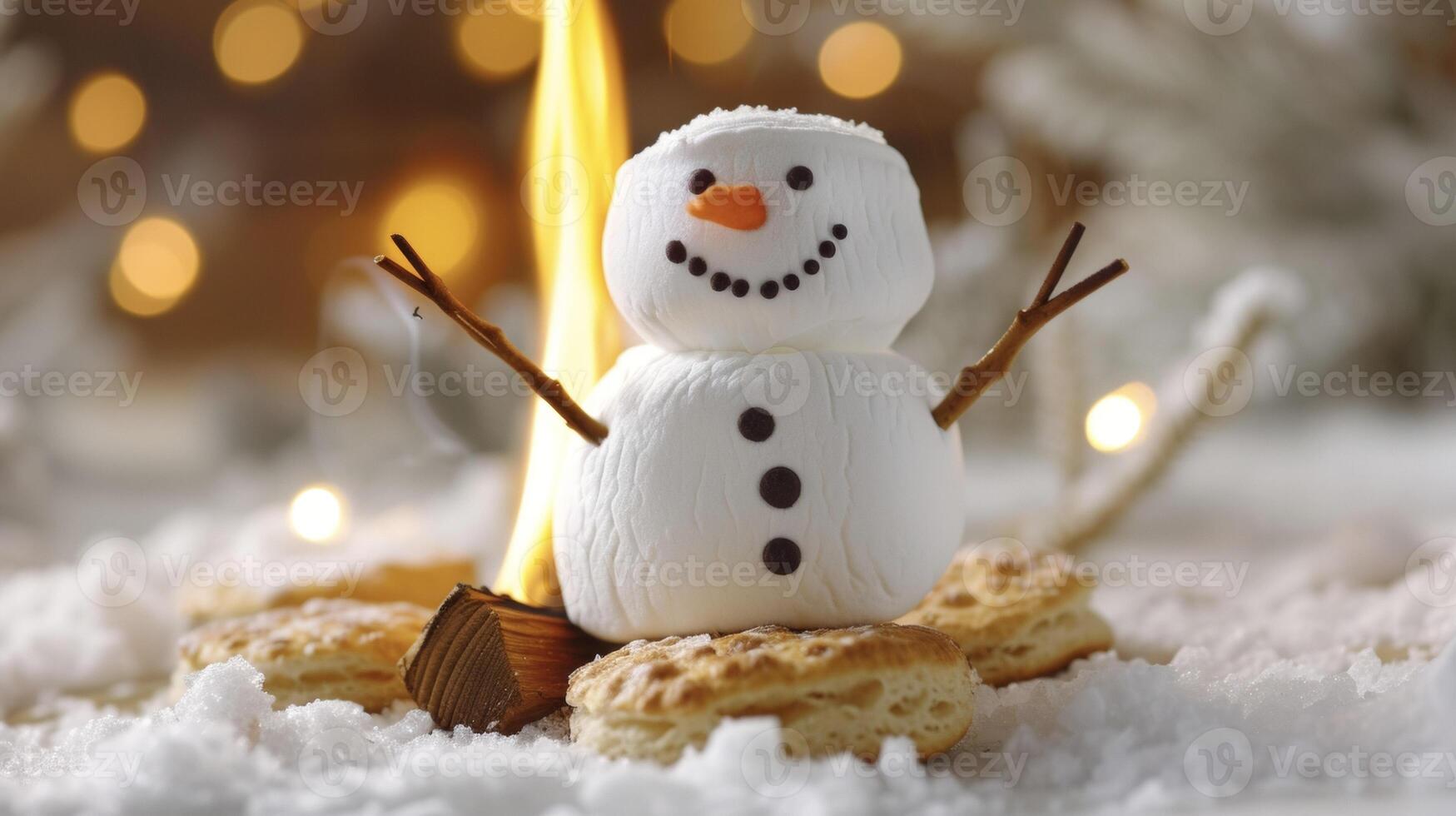 Perfect for a snow day or a holiday gathering this smoresinspired treat features a marshmallow snowman roasting over a crackling fire with a golden brown campfire biscui photo