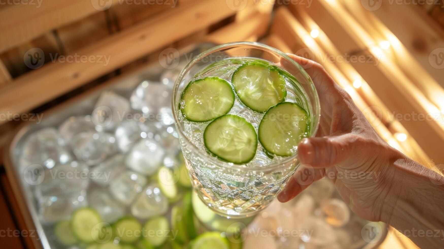 un persona participación un pepino infundido agua en un sauna destacando el beneficios de rico en electrolitos fluidos para reponiendo perdido minerales foto