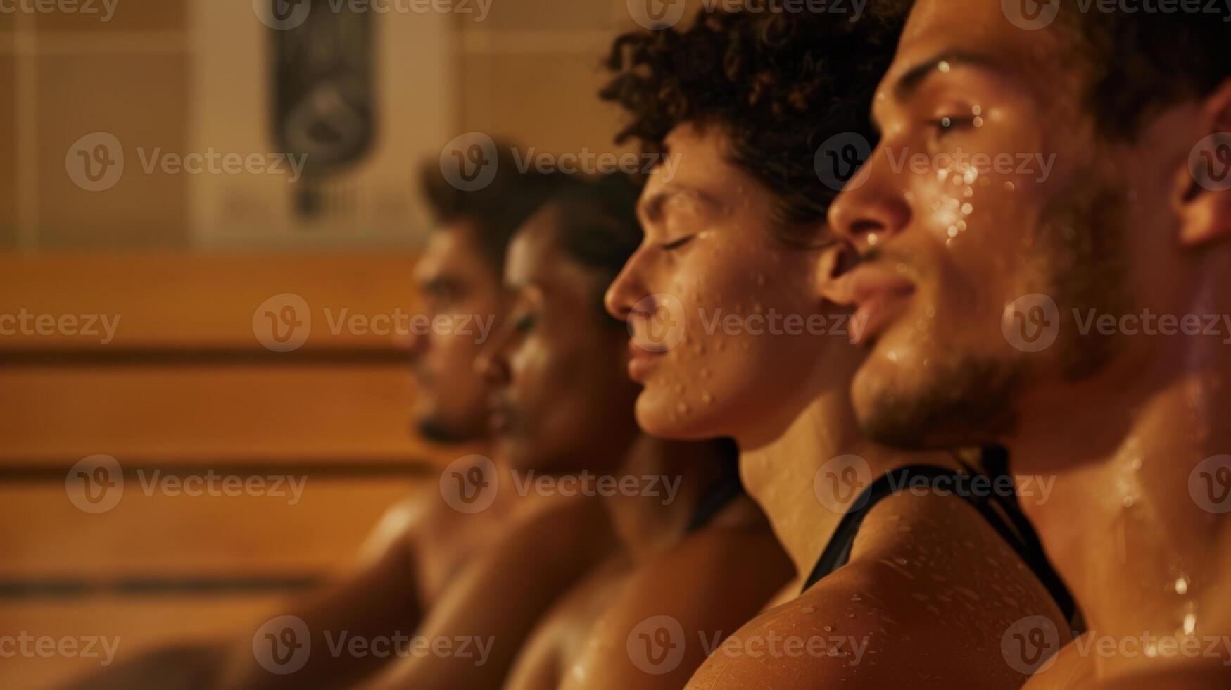 A group of people participating in a sauna session together with a banner in the background promoting the importance of staying hydrated. photo