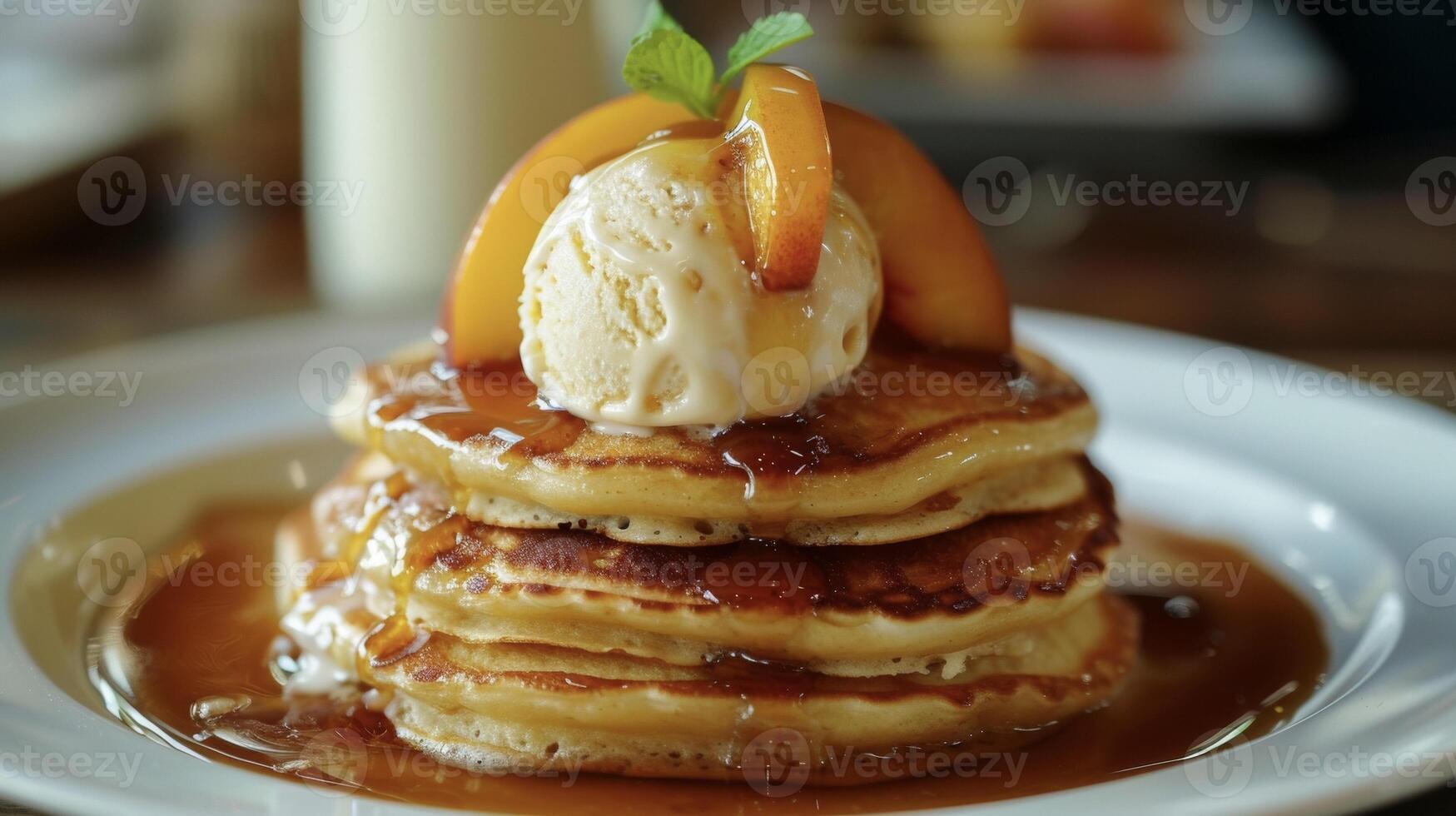 A stack of fluffy pancakes topped with grilled peaches a generous scoop of vanilla ice cream and a drizzle of caramel sauce. The combination of warm caramelized peaches an photo