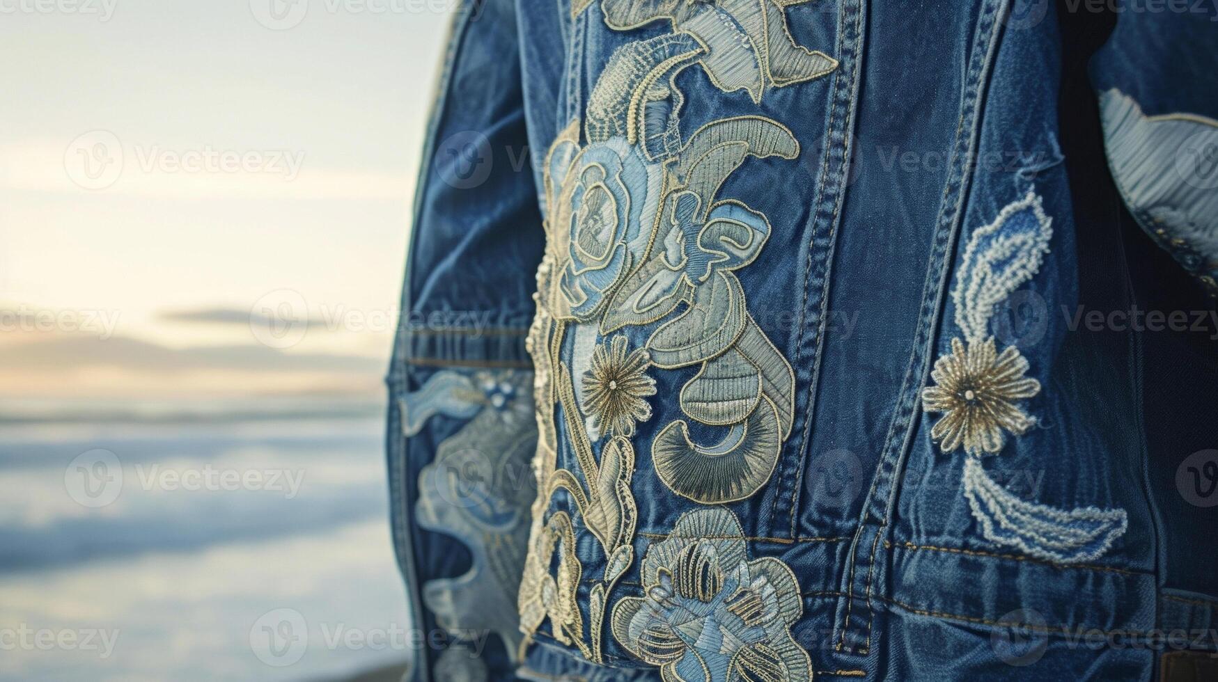 Take your beach look to the next level with a unique upcycled denim jacket made from repurposed materials and a recycled polyester photo