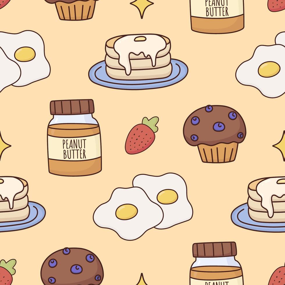 breakfast food seamless pattern, pancakes, muffin with berries, fried egg, peanut butter, strawberry, hand drawn colorful design, repeating illustration for print, wrapping paper, backgrounds and more vector