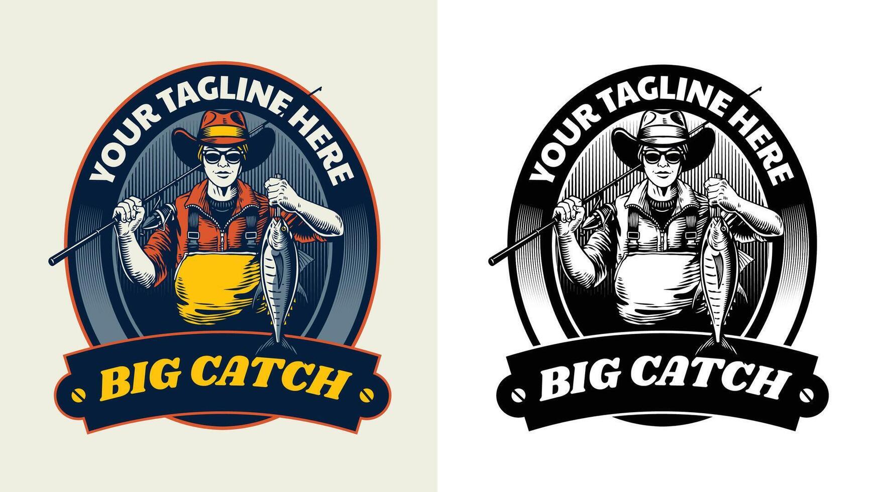 Fisherman with Yellowfin Tuna Fish Badge Logo vector