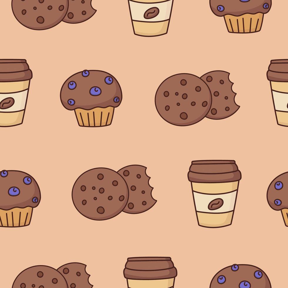 dessert and coffee seamless pattern, muffin with berries, coffee cup, cookie, biscuit, hand drawn colorful design, repeating illustration for print, wrapping paper, backgrounds and more vector