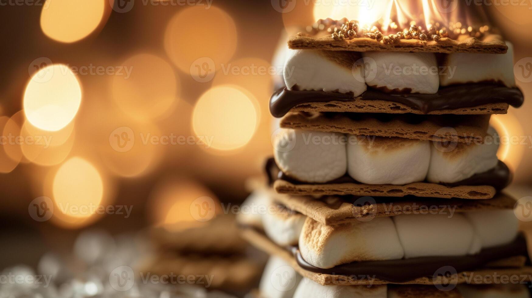 Layers of gooey marshmallow and creamy chocolate smushed between two squares of honeyed graham crackers reminiscent of cozy nights by the fire photo