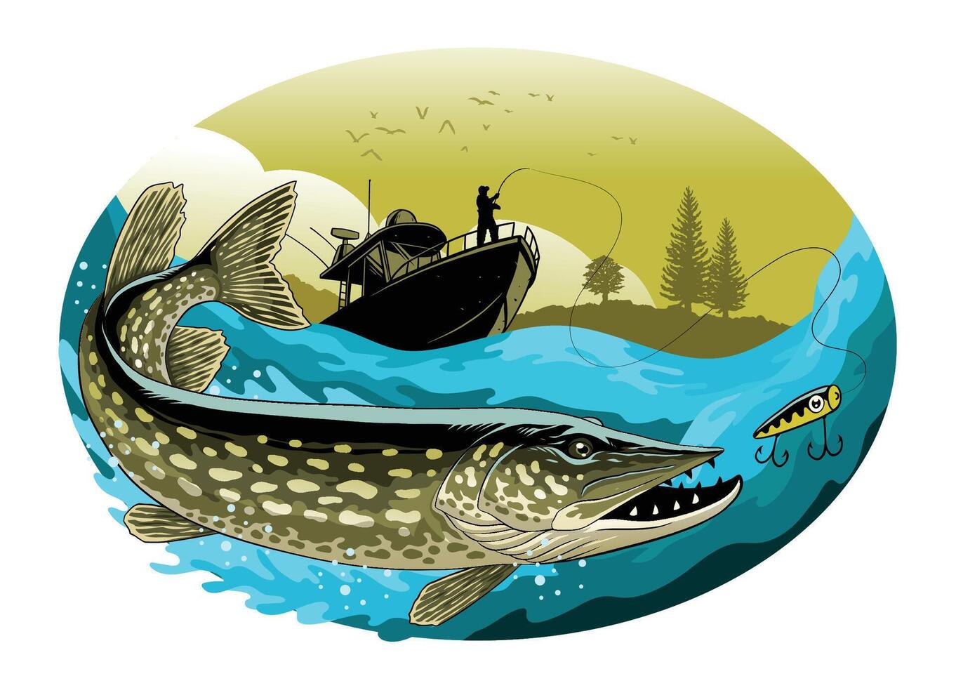 Fisherman Catching Pike Fish Vintage Design vector