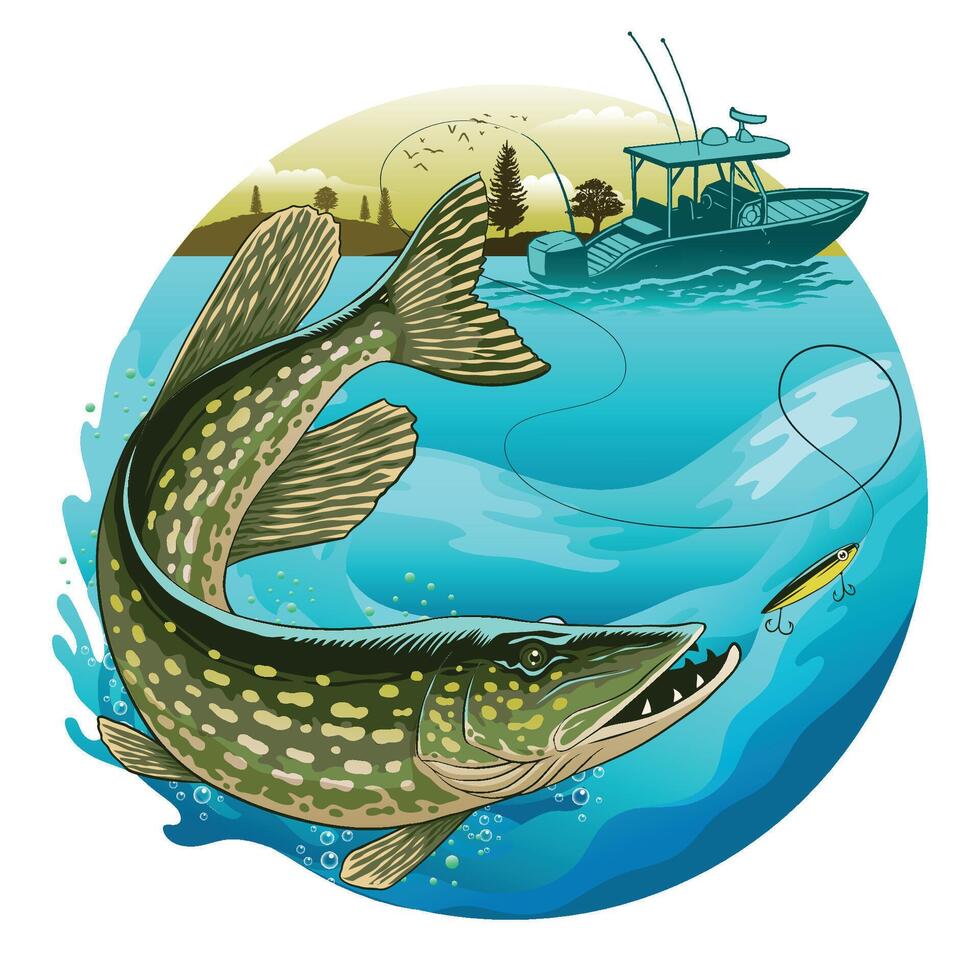 Fishing Boat Catching Pike Fish Colorful Design vector