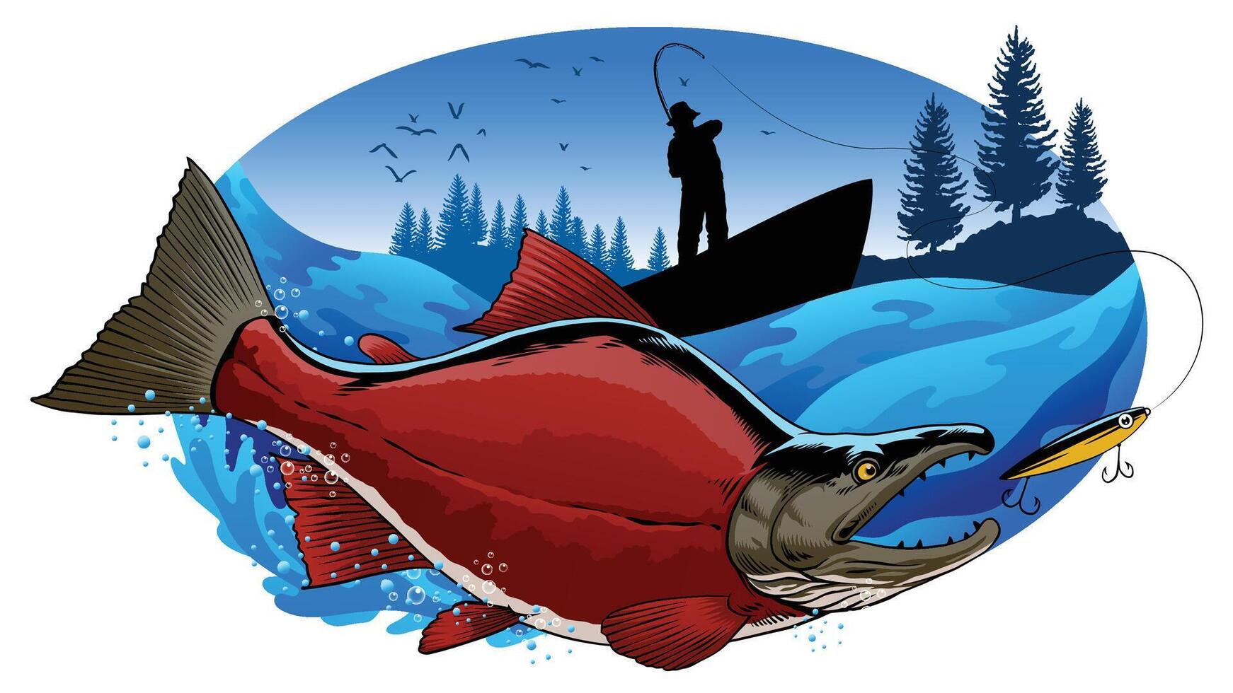 Fisherman Catching Sockeye Salmon Fish Illustration vector