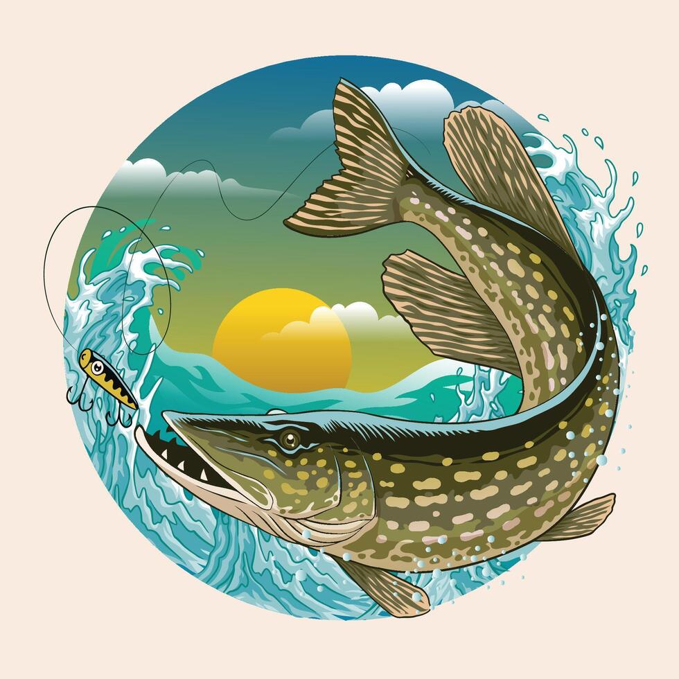 Vintage Colored Design of Pike Fish Fishing vector