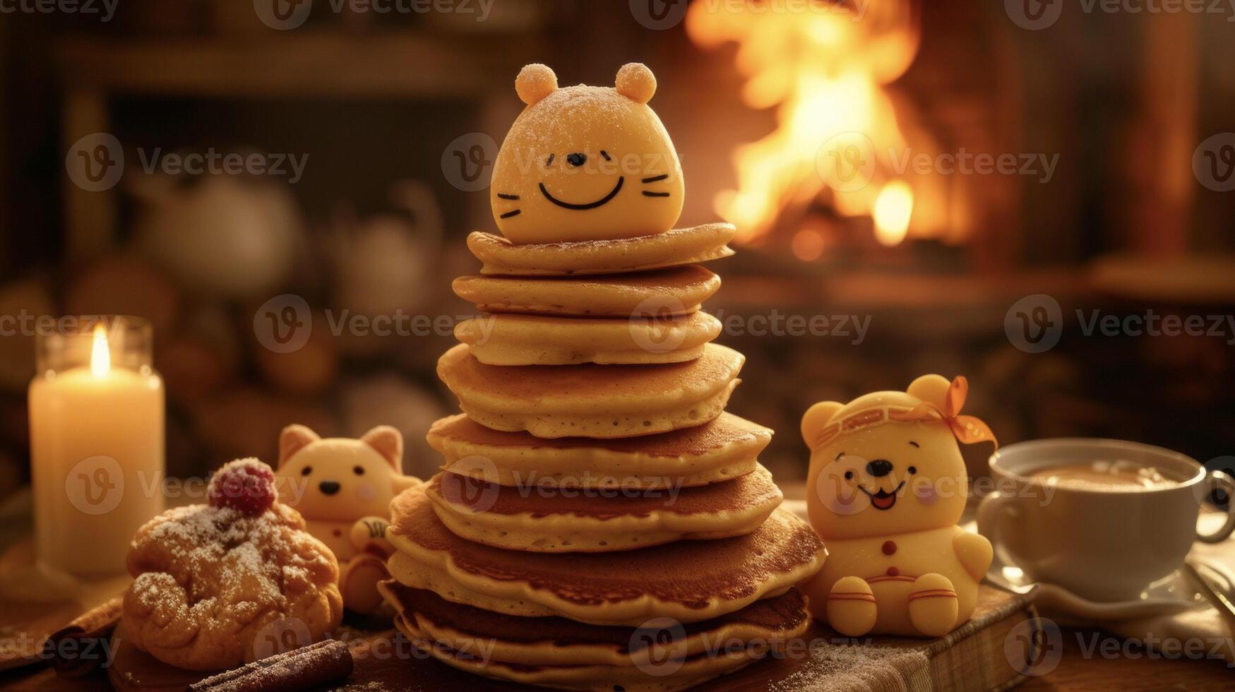 Snuggle up by the fireplace with a comforting stack of pancakes piled high. Each one is shaped into a different lovable character perfect for a cozy winter morning photo